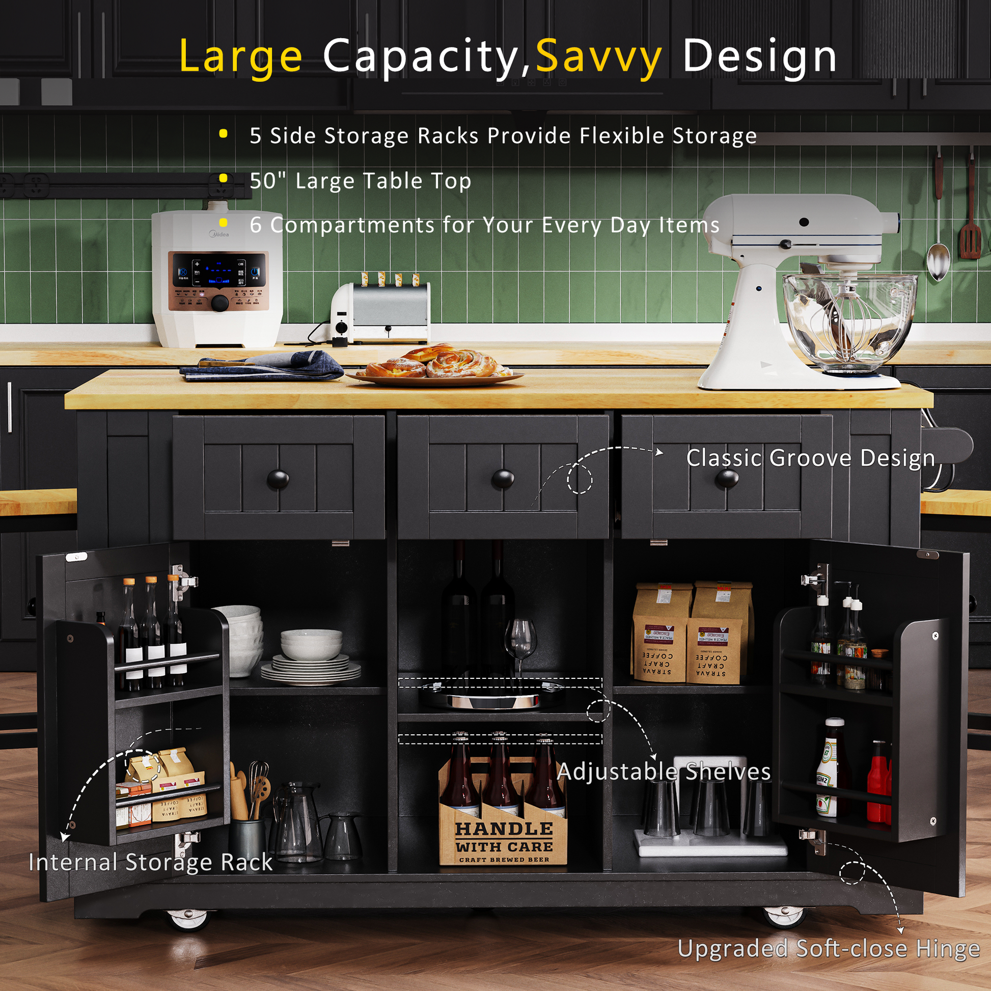 K&K 53Inch Large Kitchen Island With Drop Leaf, Power Outlet, Door Internal Storage Rack, Rolling Kitchen Cart On 5 Wheels With 5 Open Side Racks For Kitchen, Dining Room,Black Not Include Bar