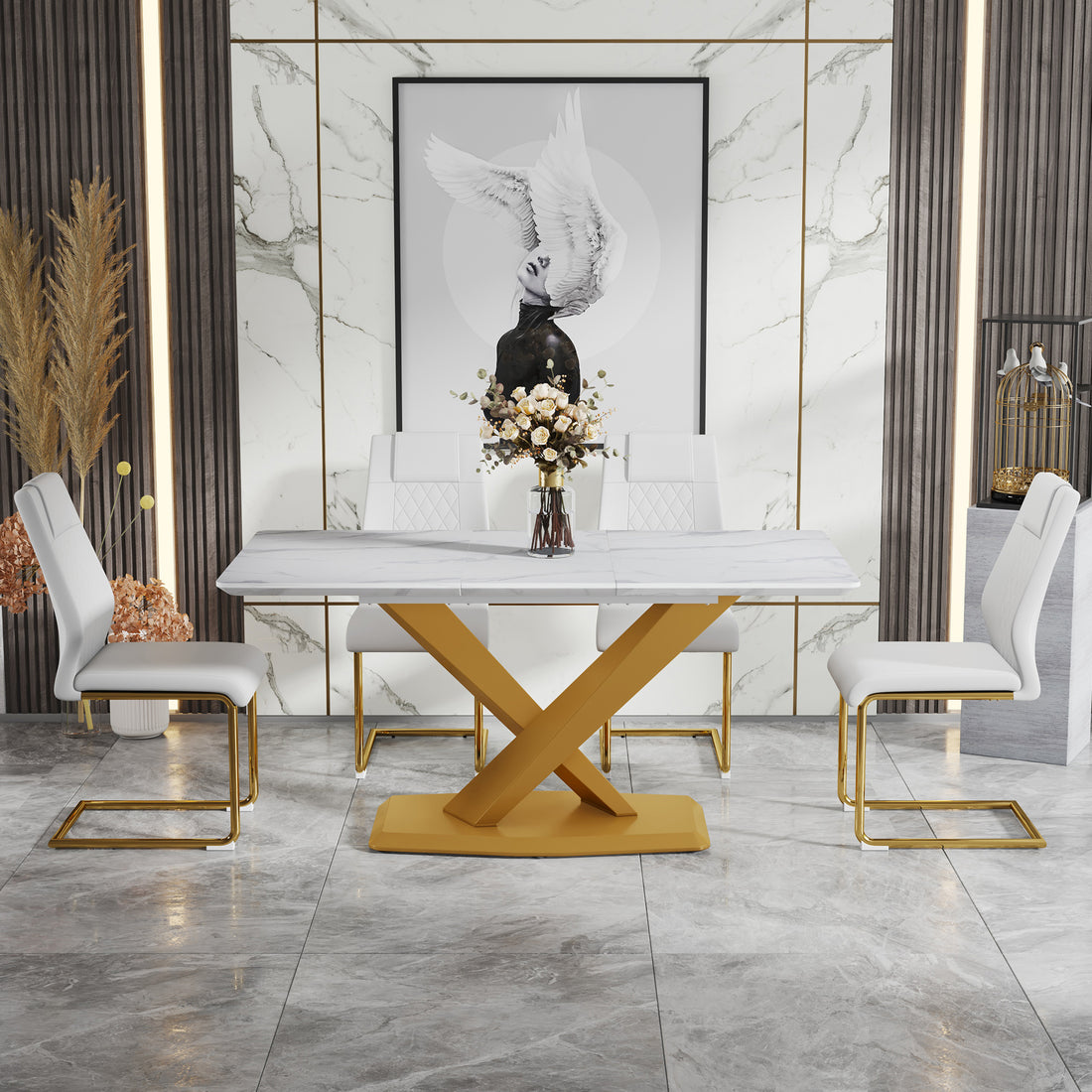 Table And Chair Set, The Table Is Equipped With A Marble Patterned Mdf Tabletop And Gold Table Legs.Dining Chairs,Gold Legged Upholstered Chairs Made Of Artificial Leather. Gold White Seats 4 Mdf