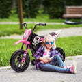 Qaba Kids Dirt Bike With Twist Grip Throttle, 12V Electric Motorcycle, Electric Bike For Toddler With Training Wheels, Rear Suspension & Music For Ages 3 6 Years, Pink Pink Plastic