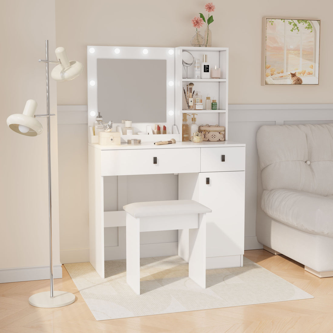 Vanity Desk With Lights, Vanity Set With Mirror, Makeup Vanity Desk With Large Drawers & Three Level Storage Dreeser, Vanitys Vanities With 3 Lights Brightness Adjustable For Bedroom, White Hinged White Drawer 2 Drawers Bedroom Extra Deep Drawers Modern