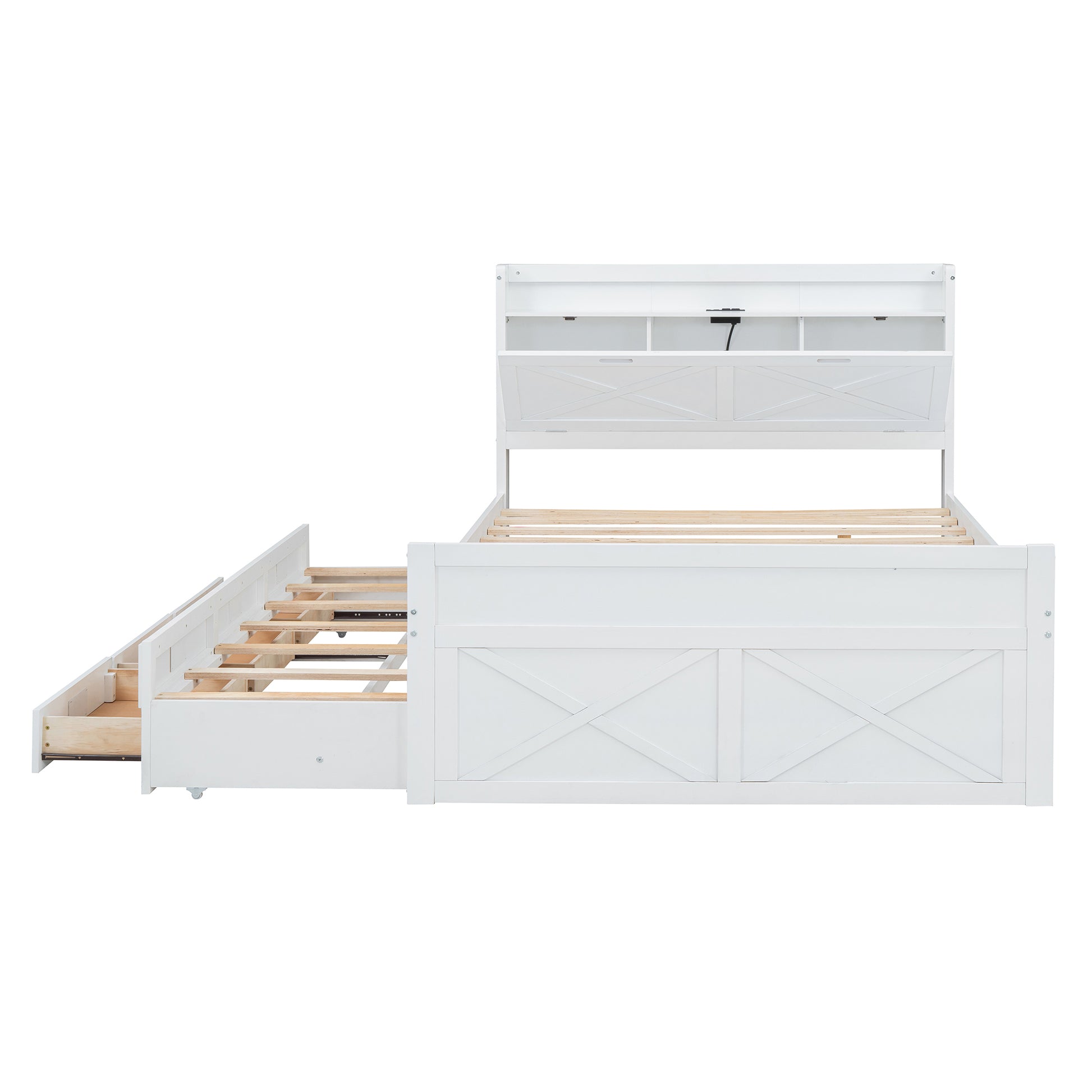 Full Size Wooden Bed With Storage Headboard With Outlets, Extendable Bed With Twin Size Trundle With Three Storage Drawers,White Full White Wood