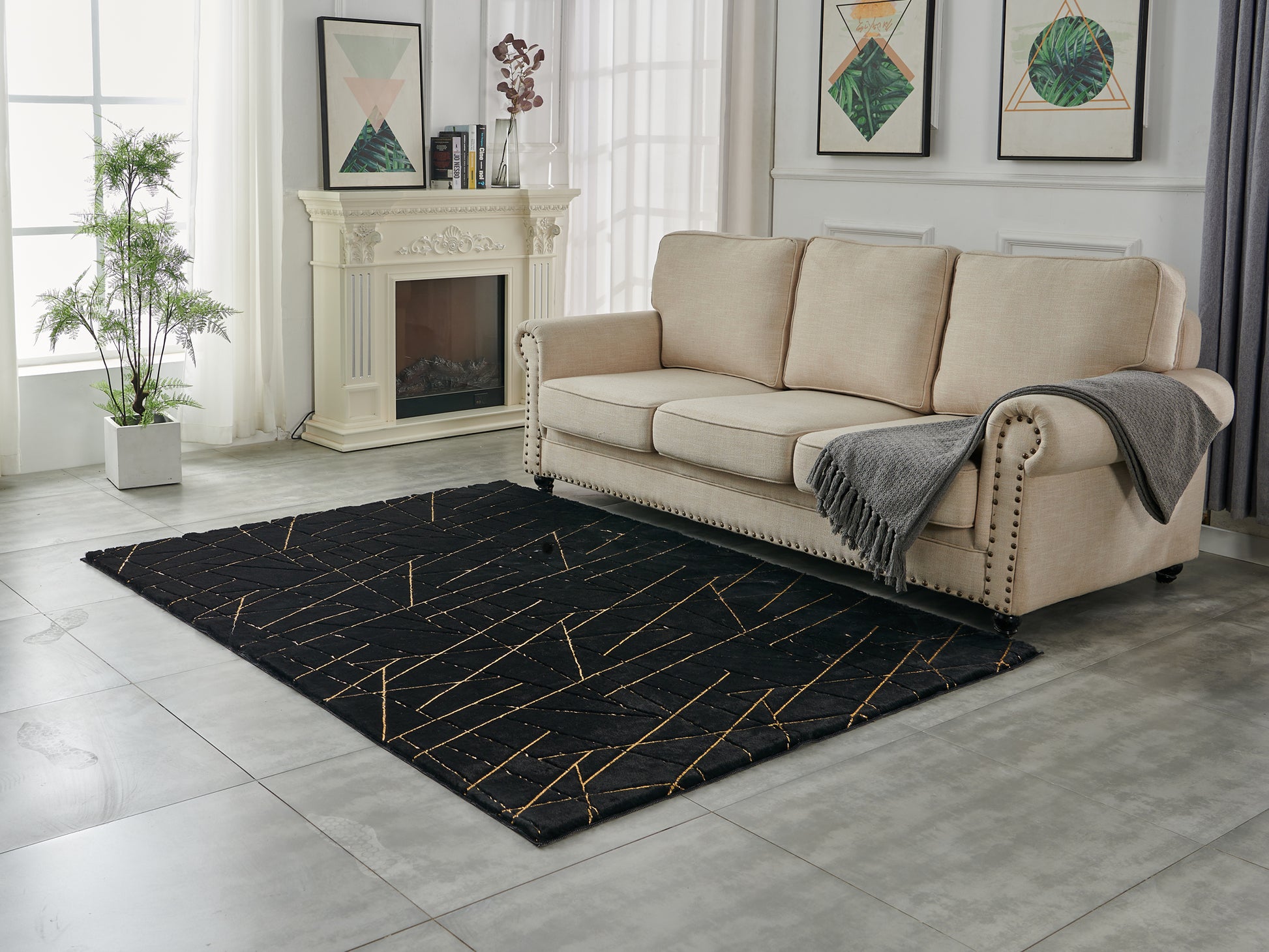 Luxury Machine Washable Black Geometric Abstract Gold Gilded Chinchilla Faux Fur Area Rug Black Gold Polyester