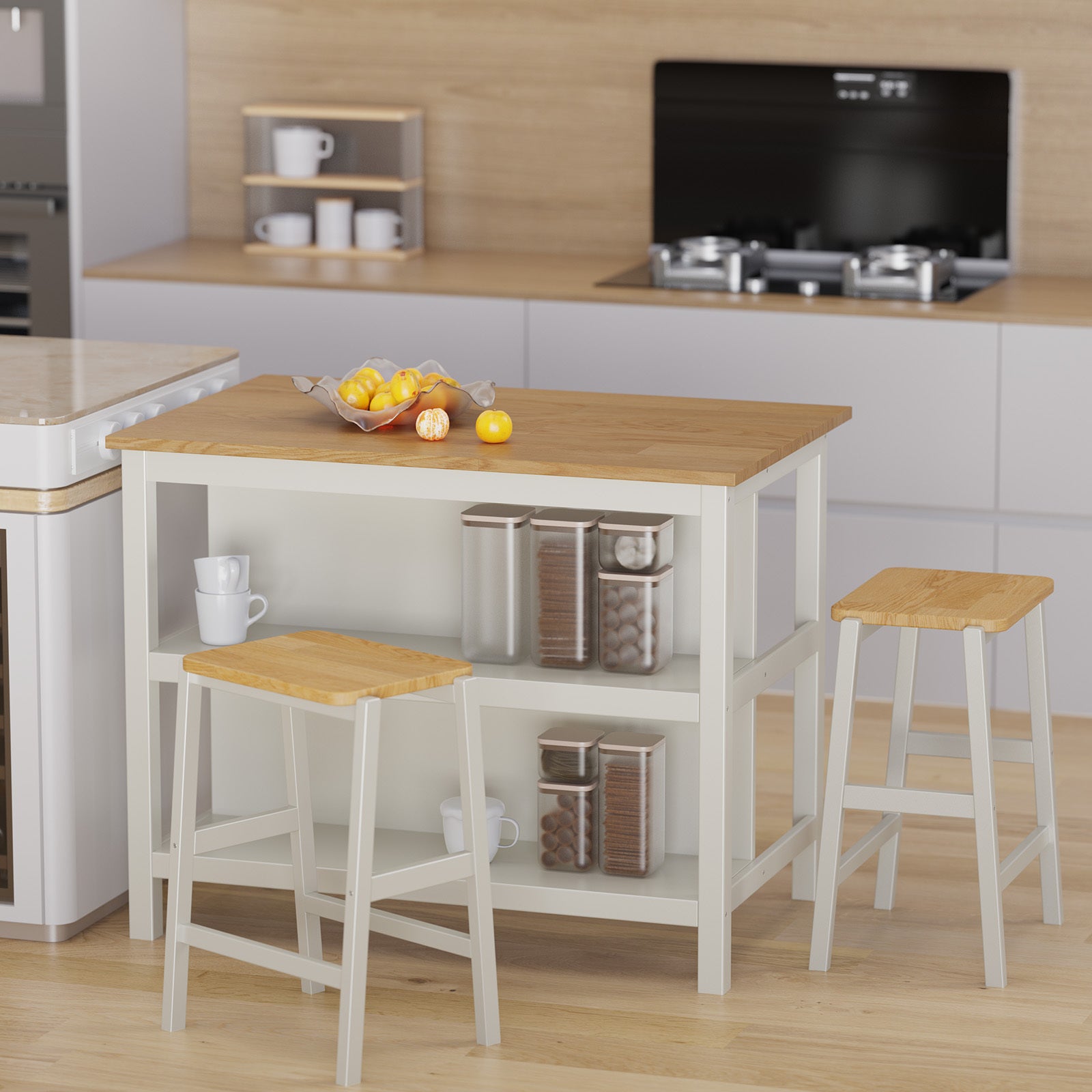 3 Pcs Dining Table Set Rustic Retro Breakfast Table Dining Stools Rubber Wood For 2 With Two Open Shelves For Small Space Kitchen Dining Room Cream White White Rubber Wood