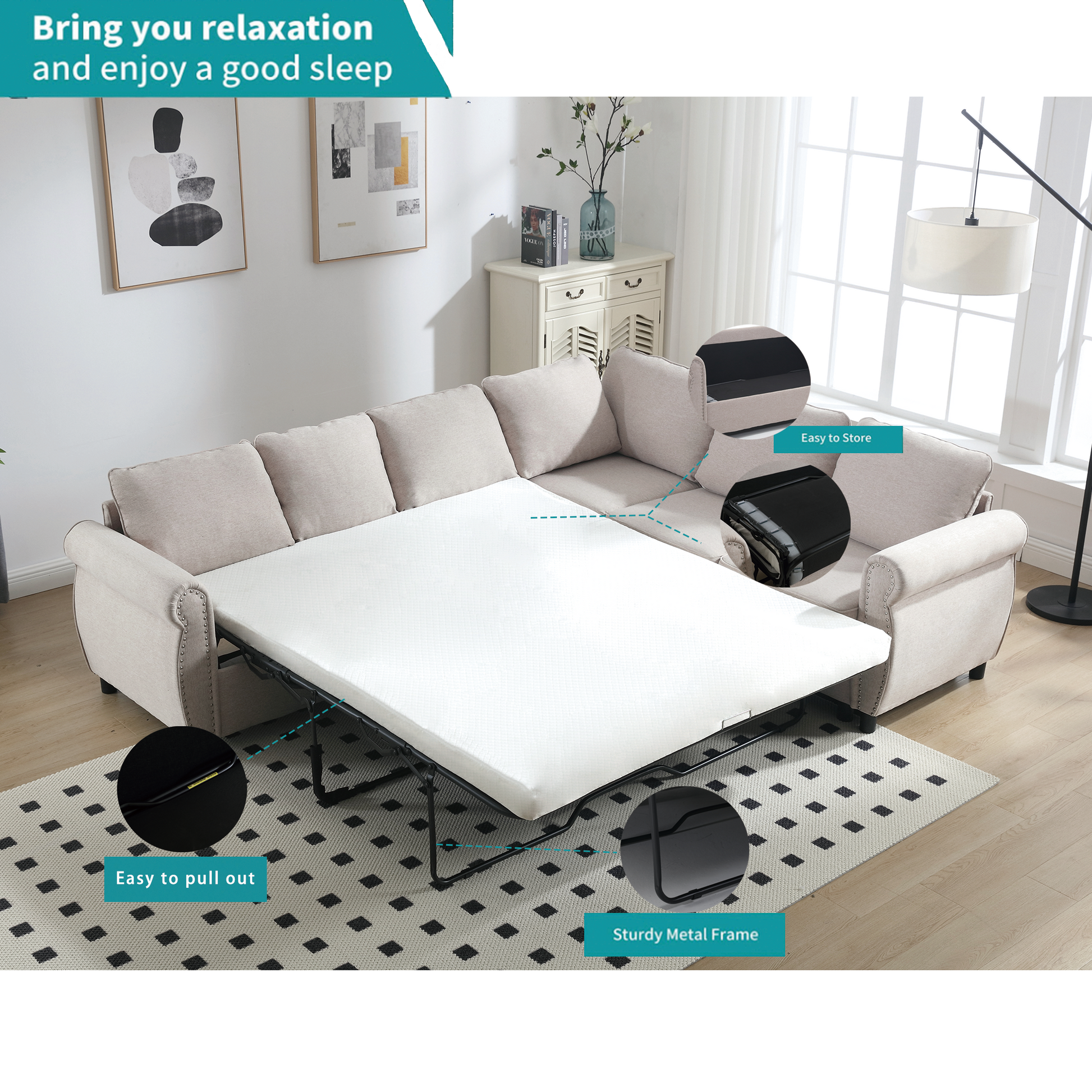 Arrived Sleeper Sofa, 2 In 1 Pull Out Couch Bed,6 Seater Sofa Bed, L Shaped Sleeper Sectional Sofa Couch,Riveted Sofa,104'' Large Combined Sofa Bed In Living Room, Beige Beige Polyester Wood Primary Living Space Medium Soft Cushion Back Modern Polyester