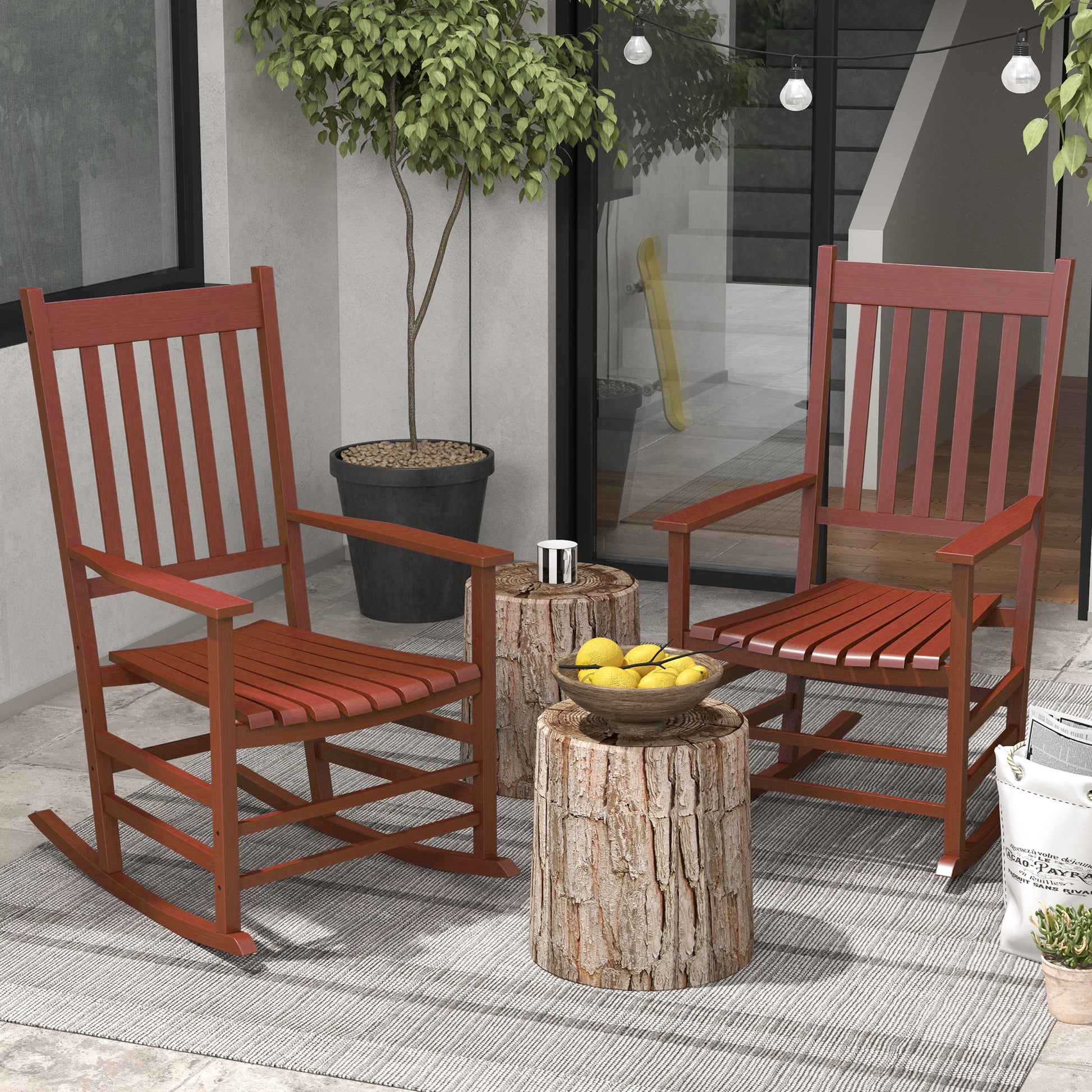 Outsunny Outdoor Rocking Chair Set Of 2, Patio Wooden Rocking Chair With Smooth Armrests, High Back For Garden, Balcony, Porch, Supports Up To 352 Lbs., Wine Red Red Fabric Metal