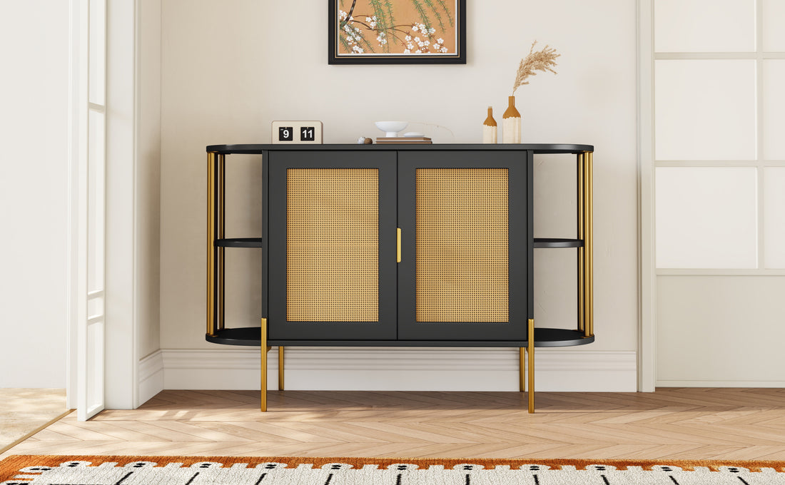 2 Door Elegant Curved Dining Cabinet With Gold Trim And Woven Rattan Doors For Dining Room Black Black Particle Board