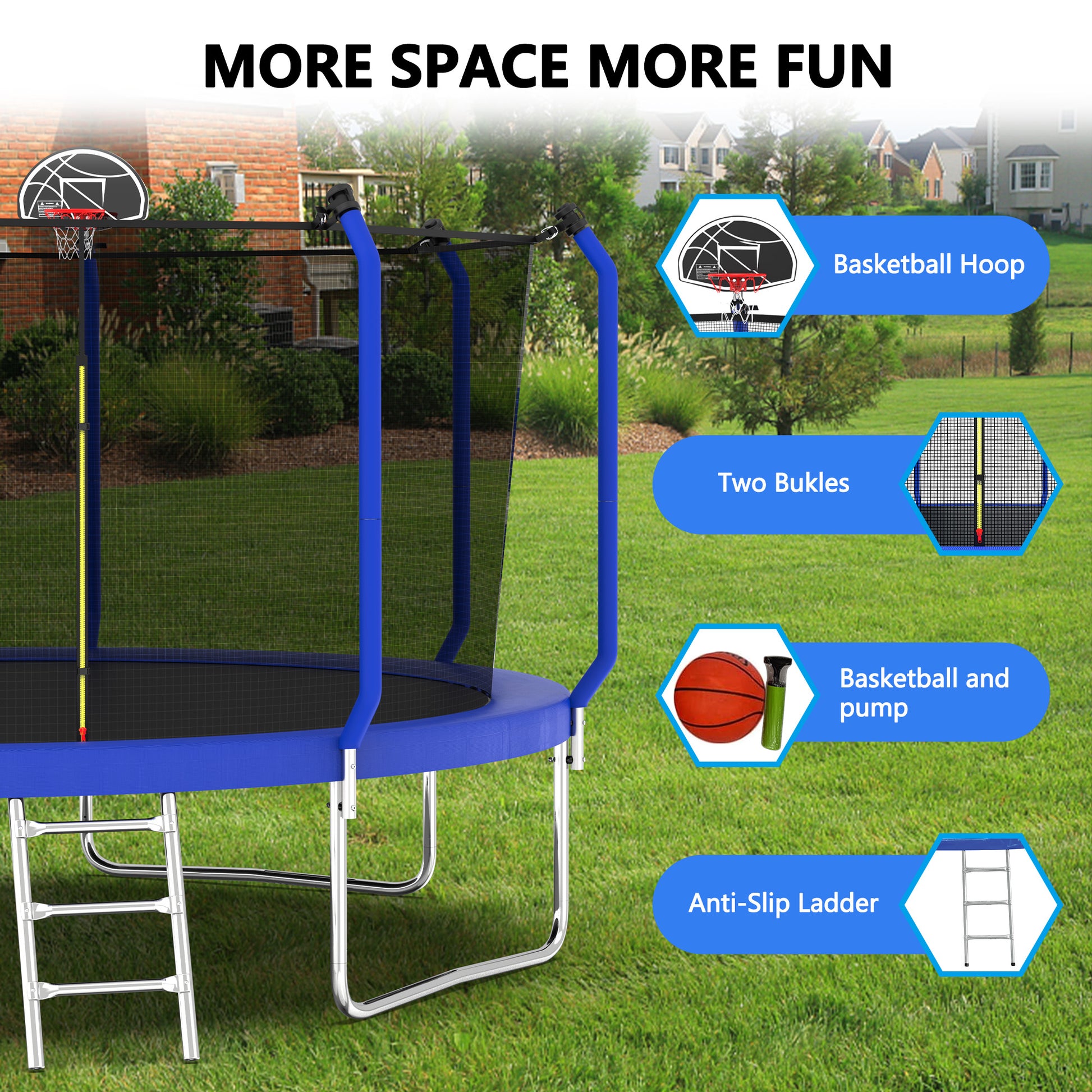 14Ft Trampoline With Basketball Hoop, Astm Approved Reinforced Type Outdoor Trampoline With Enclosure Net Blue Steel