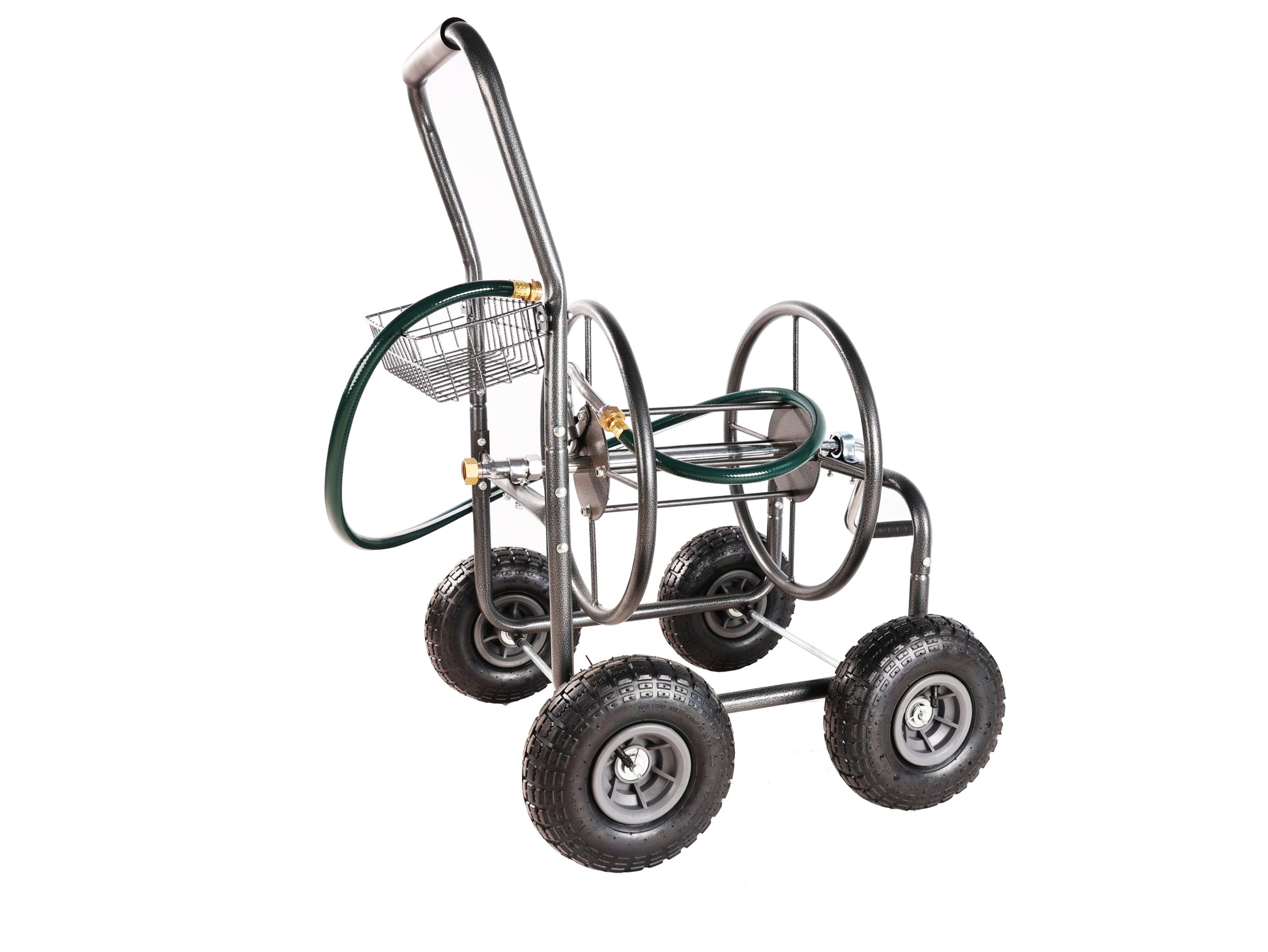 Garden Hose Reel Cart 4 Wheels Portable Garden Hose Reel Cart With Storage Basket Rust Resistant Heavy Duty Water Hose Holder Green Dark Green Abs Rubber Steel Q235