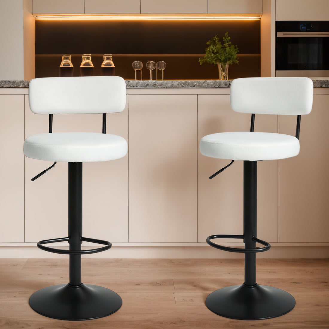 Modern Bar Stools Set Of 2,Curved Backrest Upholstered Counter Height Bar Stools,Adjustable Bar Stool 24.5" 30.5", Swivel Counter Stools For Kitchen Home White Velvet