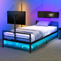 Gaming Bed With Rotating Tv Mount And Metal Mesh Frame,Vented Console Storage, Iron Bed With Led Twin Black Modern Iron