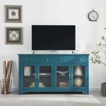 65" Tv Console, Storage Buffet Cabinet, Sideboard With Glass Door And Adjustable Shelves, Console Table, Teal Blue Teal Blue Primary Living Space Modern Mdf Glass