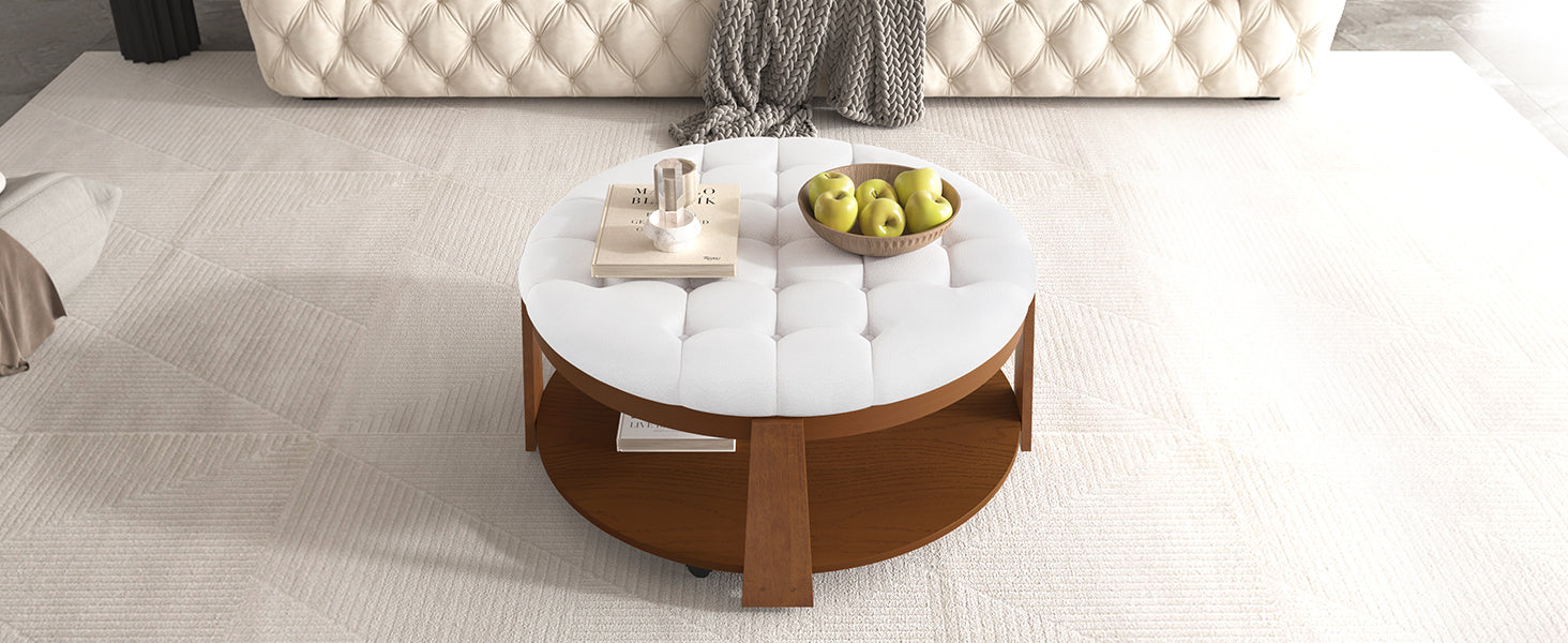 Modern Large Round Ottoman Coffee Table 2 Tier Oversized Button Tufted Ottoman With Wood Shelf Storage Upholstered Coffee Table For Living Room Footrest Ottoman With Wheel, Waterproof Linen Ivory White Rubber Wood