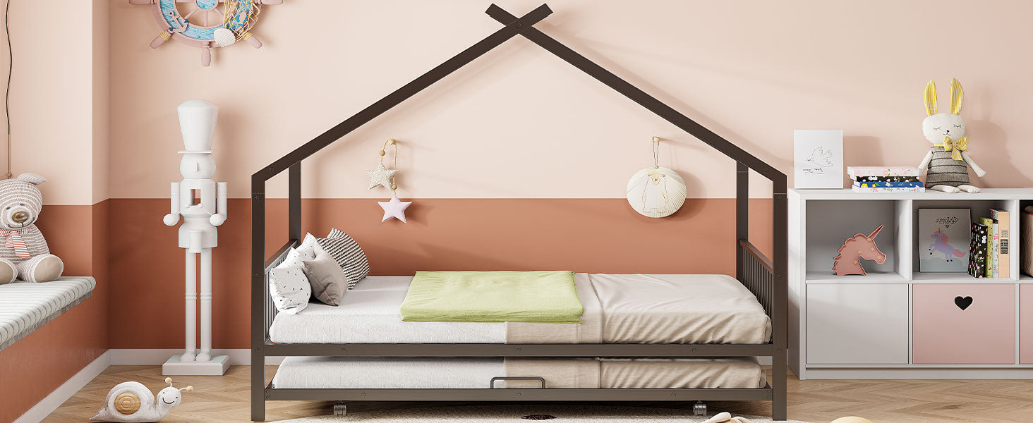 Full Size Metal House Bed With Twin Size Trundle, Black Full Black Metal