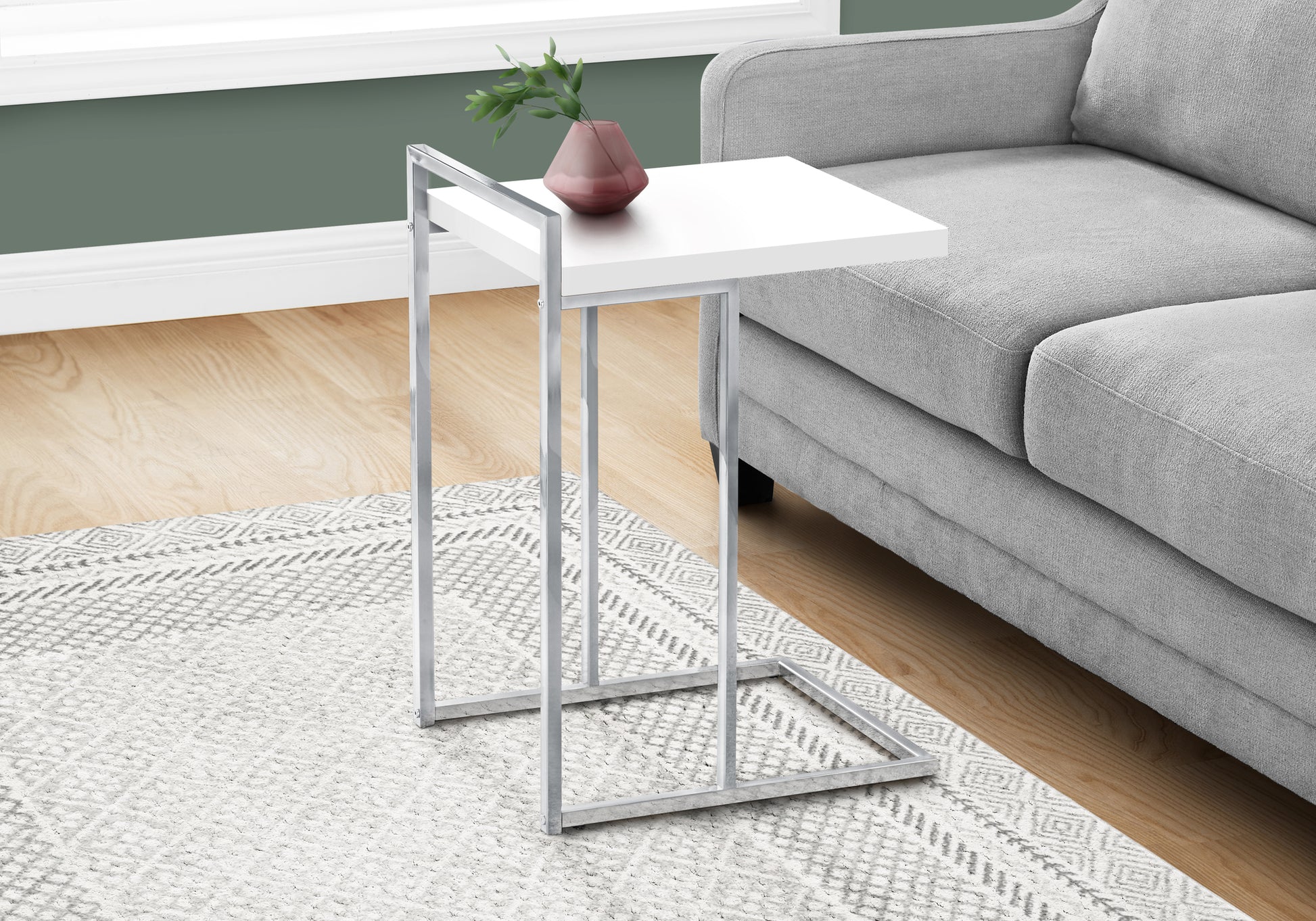 Accent Table, C Shaped, End, Side, Snack, Living Room, Bedroom, Glossy White Laminate, Chrome Metal, Contemporary, Modern White Particle Board