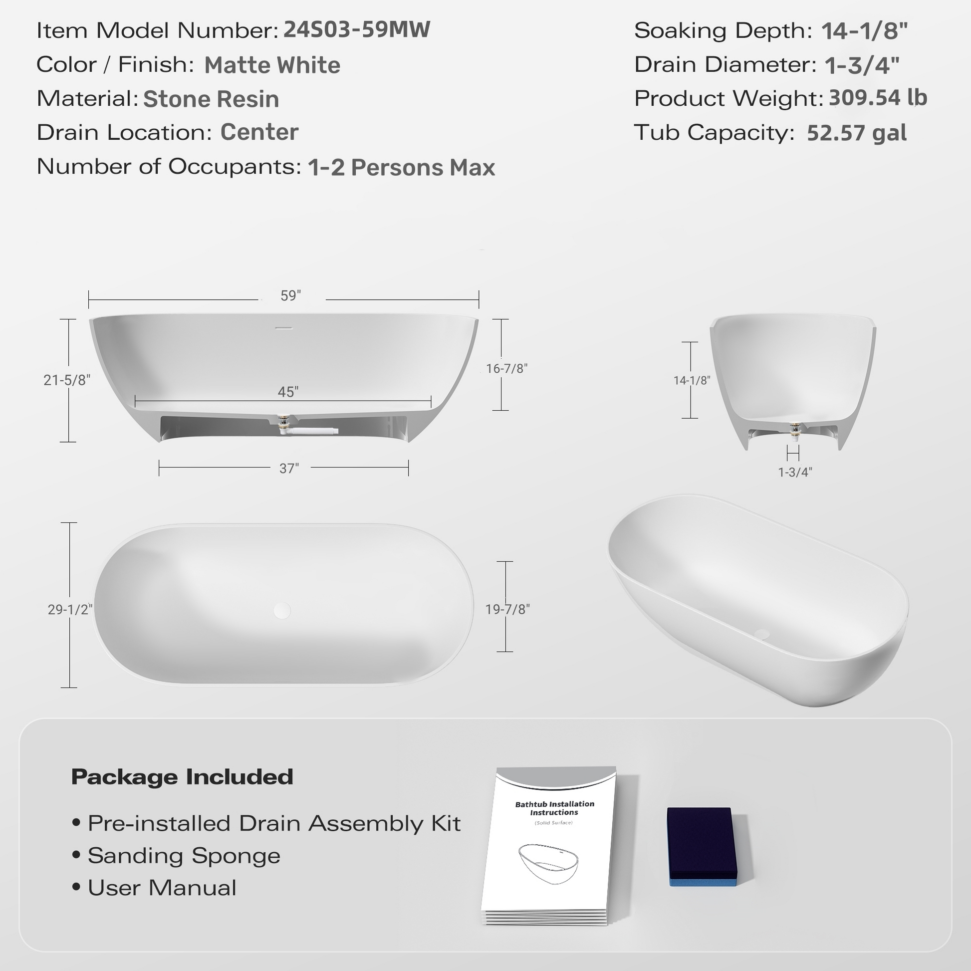 59" Freestanding Solid Surface Bathtub, Luxury Engineered Stone Resin Freestanding Soaking Bathtub With Overflow And Pop Up Drain For Contemporary Bathroom, Matte White 24S03 59Mw White Freestanding Tubs Solid Surface