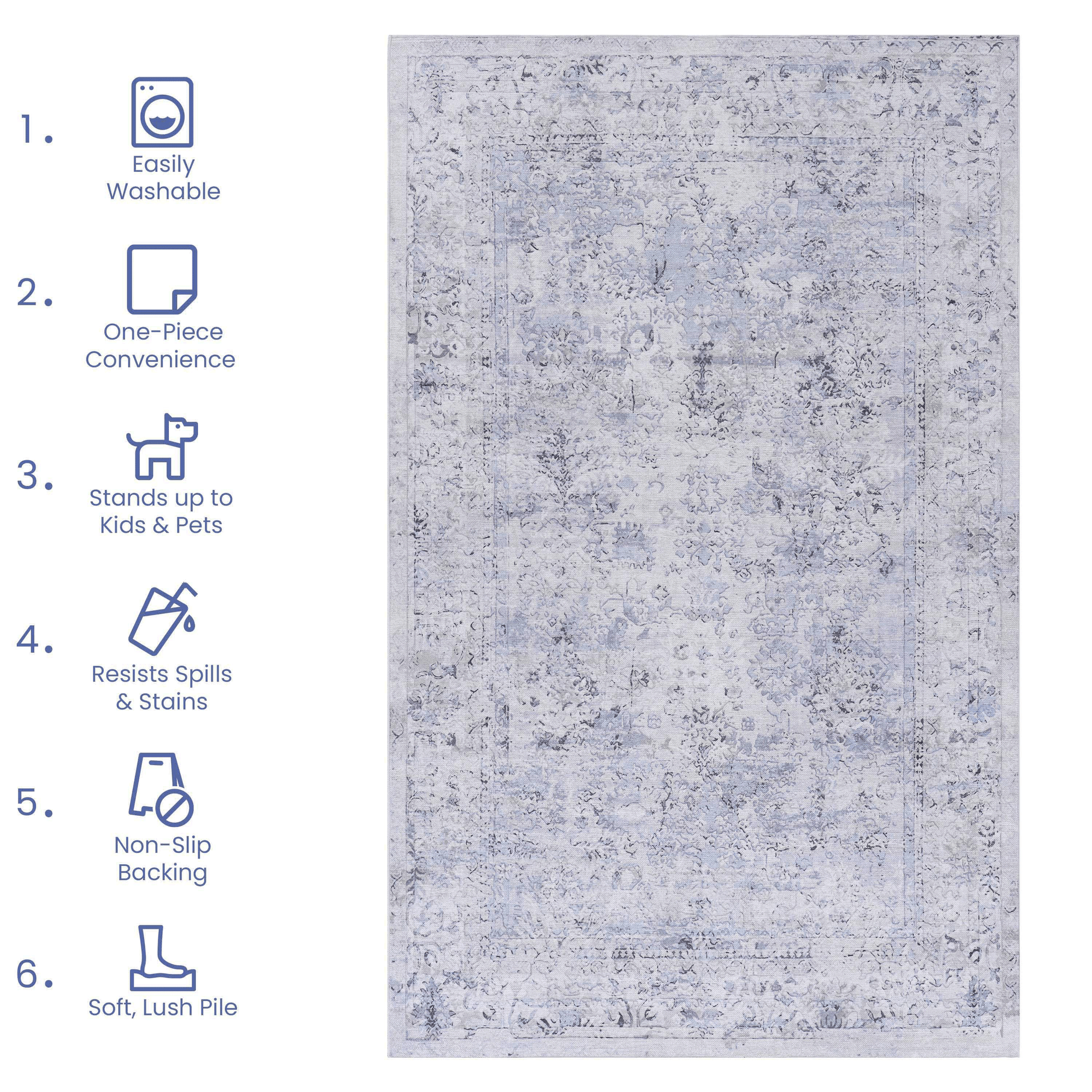 2X3, Machine Washable Area Rugs, Low Pile, Non Slip, Non Shedding, Foldable, Kid&Pet Friendly Area Rugs For Living Room, Bedroom, Kitchen, Dining Room Rug Perfect Gifts, Blue Cream, 2' X 3' Blue Cream Chenille Polyester