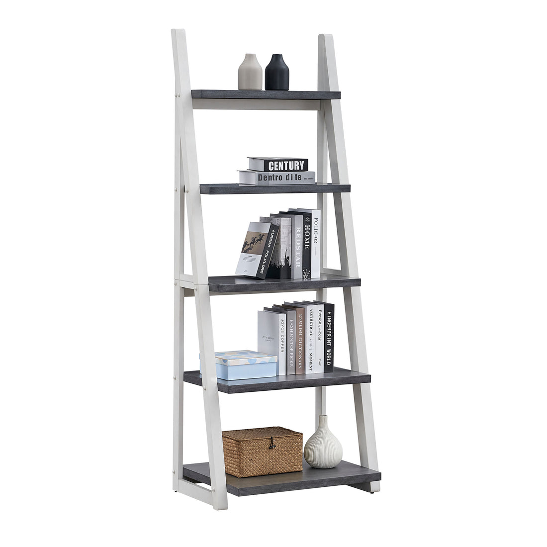 5 Tier Shelves,Bookshelf, Storage Rack, Bookcase With Rubber Wood Frame, Ladder Shelf For Living Room, Home Office, Kitchen, Bedroom, Apartment Grey White Solid Wood Mdf