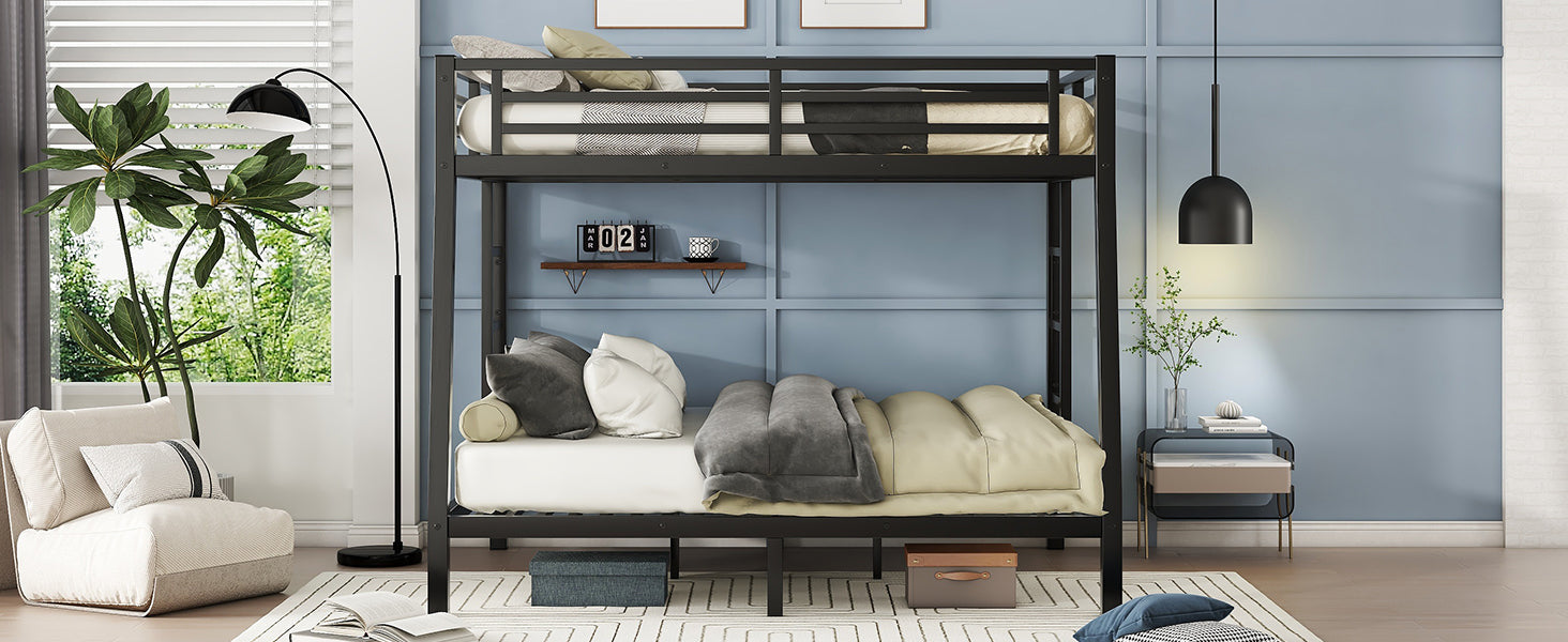 Metal Full Xl Over Queen Bunk Bed For Teens And Adults,Space Saving Noise Reduced No Box Spring Needed,Black Full Xl Black Metal