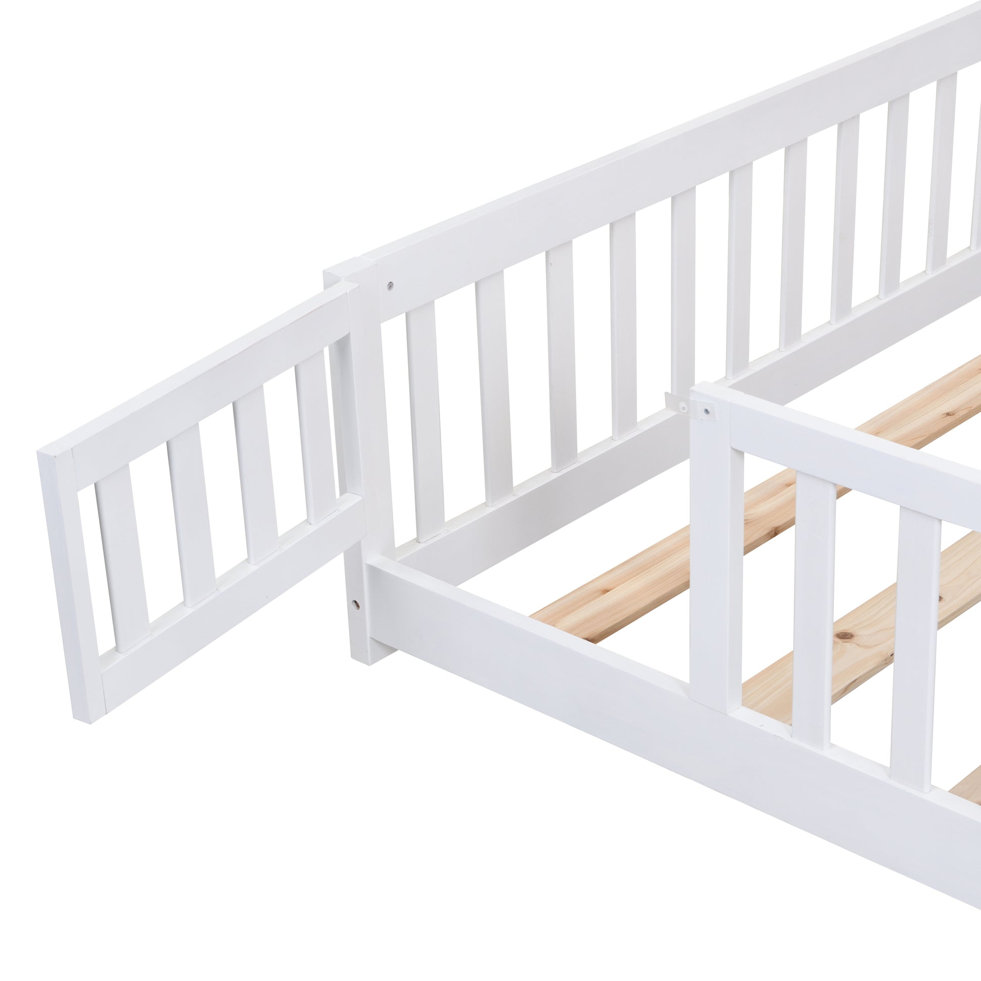 Full Size Floor Bed With Door,Solid Wood Platform Bed Frame With Fence,Suitable For Children,Pine Wood,White Full White Wood