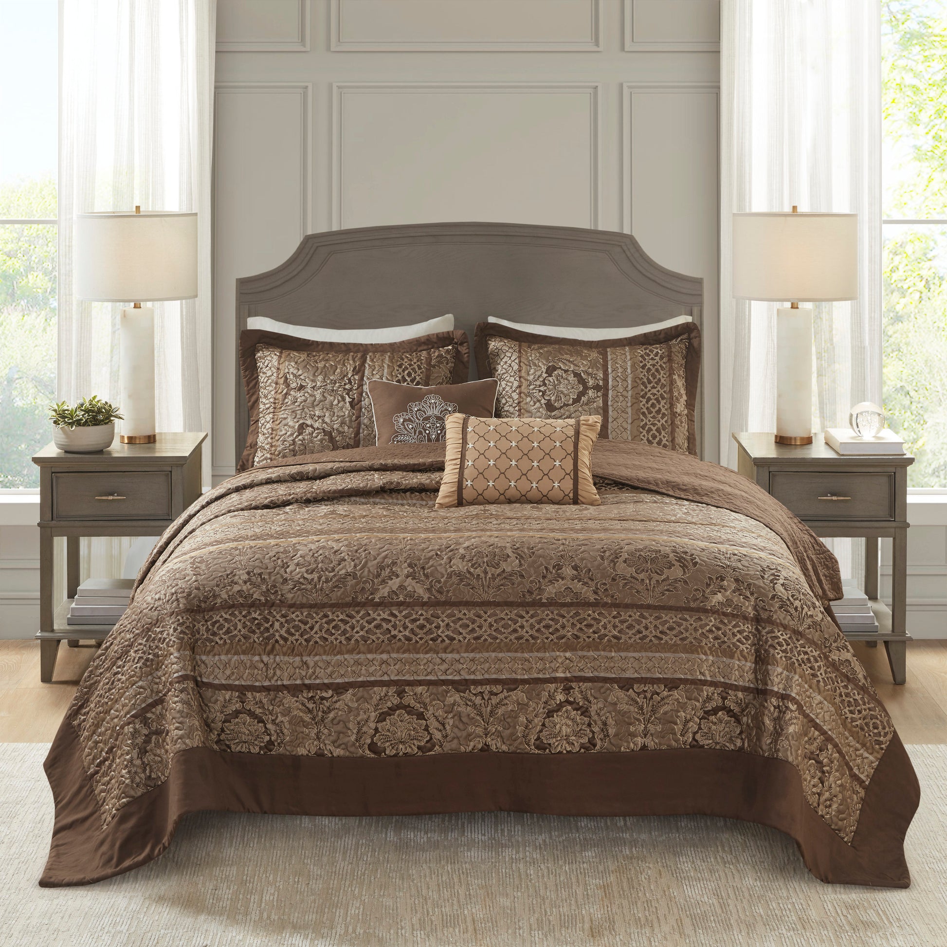 5 Piece Reversible Jacquard Bedspread Set Brown Gold King King Brown Gold Microfiber