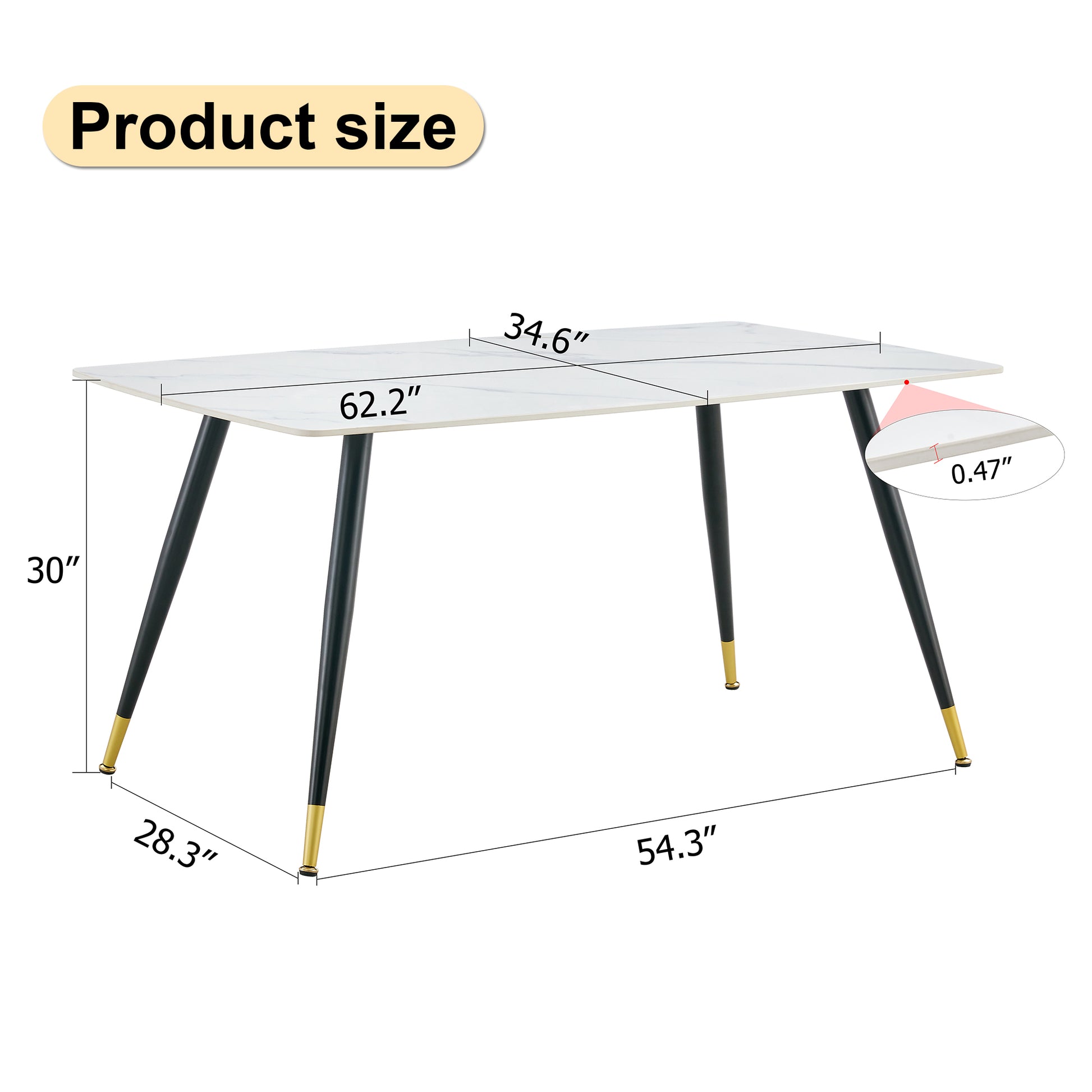 Modern Minimalist Dining Table. White Imitation Marble Pattern Sintered Stone Desktop With Black Metal Legs.62.2"*34.6"*30" F 001 Black Gold Sintered Stone