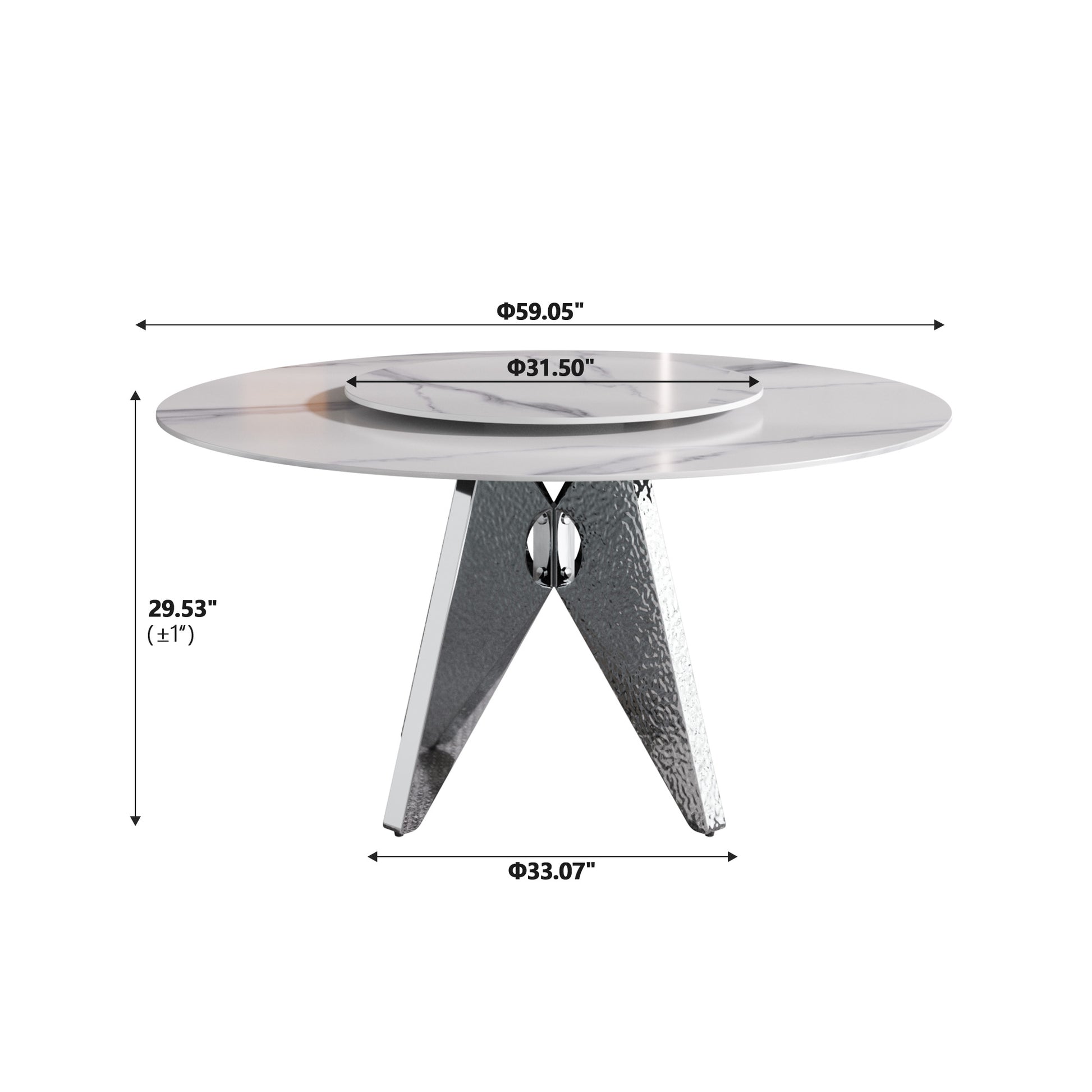 59.05" Round Marble Dining Table With Silver Stainless Steel Design Base, Artificial Marble For 6 8 People, 31.5"White Artificial Stone Turntable,White Dining Table Only Silver,White Dining Room