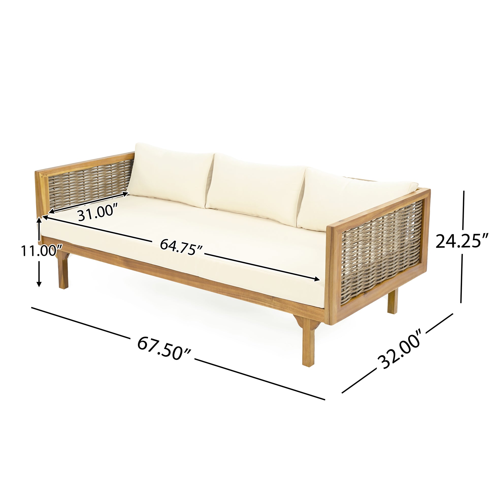 Claremont 3 Seater Daybed With Rattan Arms Beige Cushion Teak Beige Wood Fabric Rattan