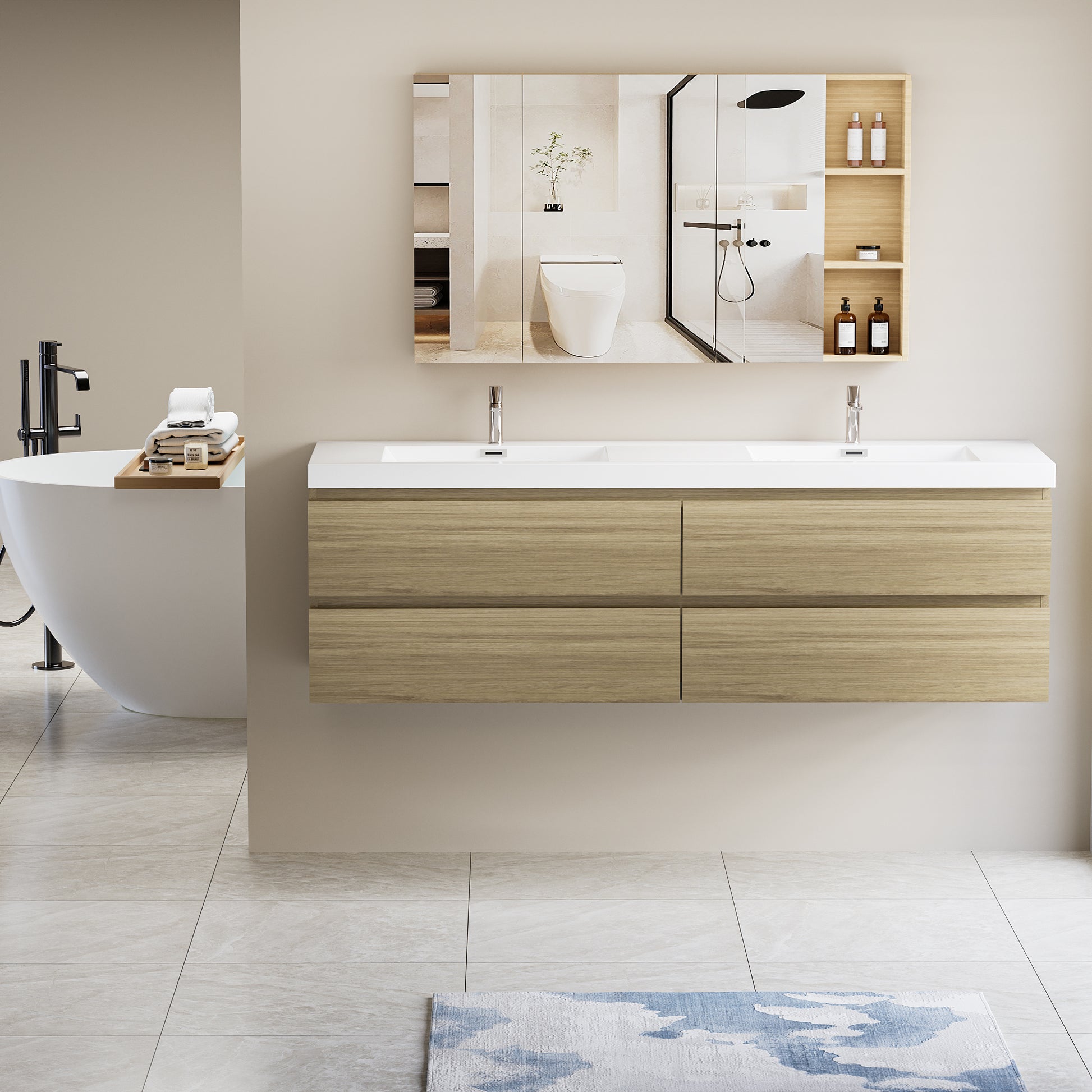 72" Floating Bathroom Vanity with Sink, Modern Wall 4+-oak-wall mounted-melamine