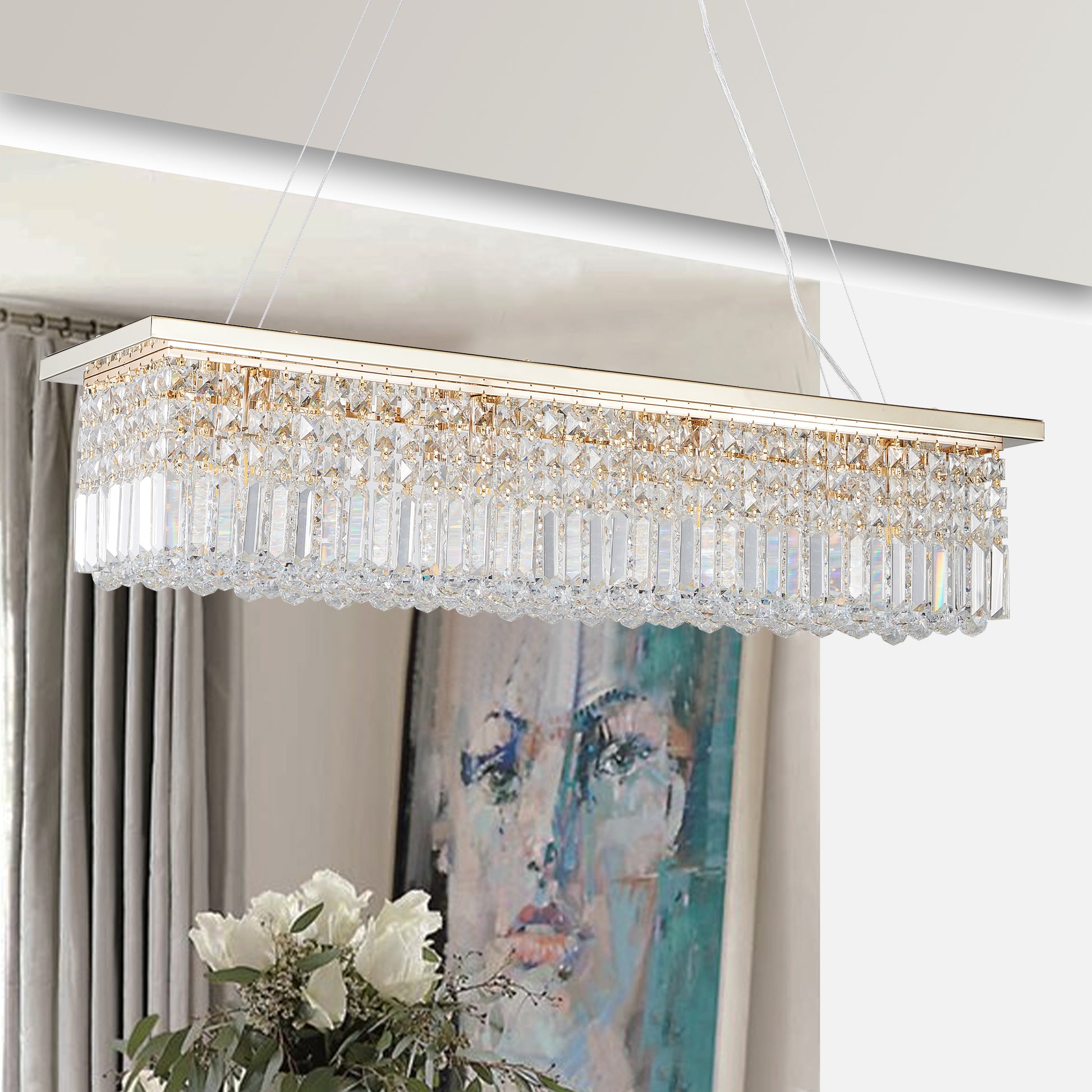 Modern Crystal Chandelier For Dining Room 8 Light Gold Rectangle Raindrop Chandelier Contemporary Rectangular Pendant Light Fixture For Kitchen Island Bar L39.4'' X W9.8'' X H8.7' Bulb Not Included Gold Crystal Iron