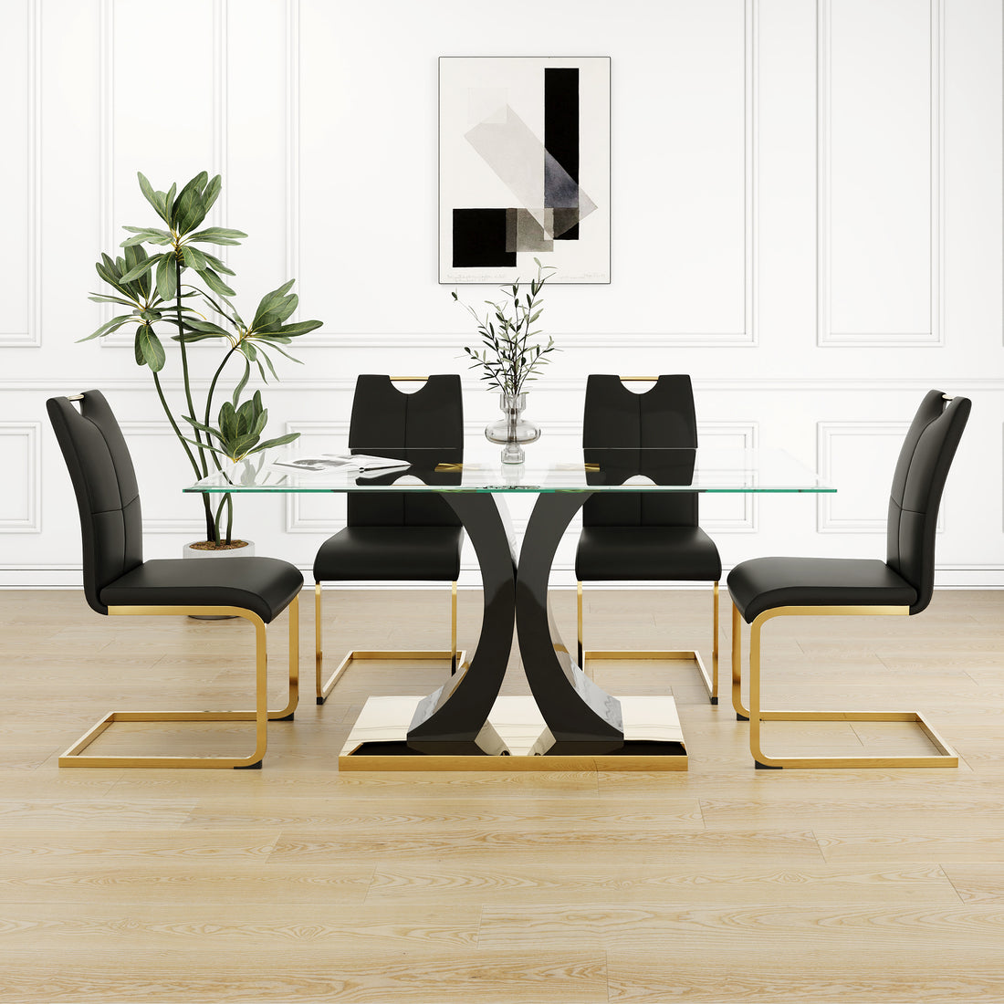 Modern Style Glass Dining Table, Elegant Transparent Design, Solid Support Base, Black Dining Chair Set, Gold Plated Chair Legs, Suitable For Restaurant Kitchen Use Set Of 5 Black Gold Seats 4 Mdf Glass