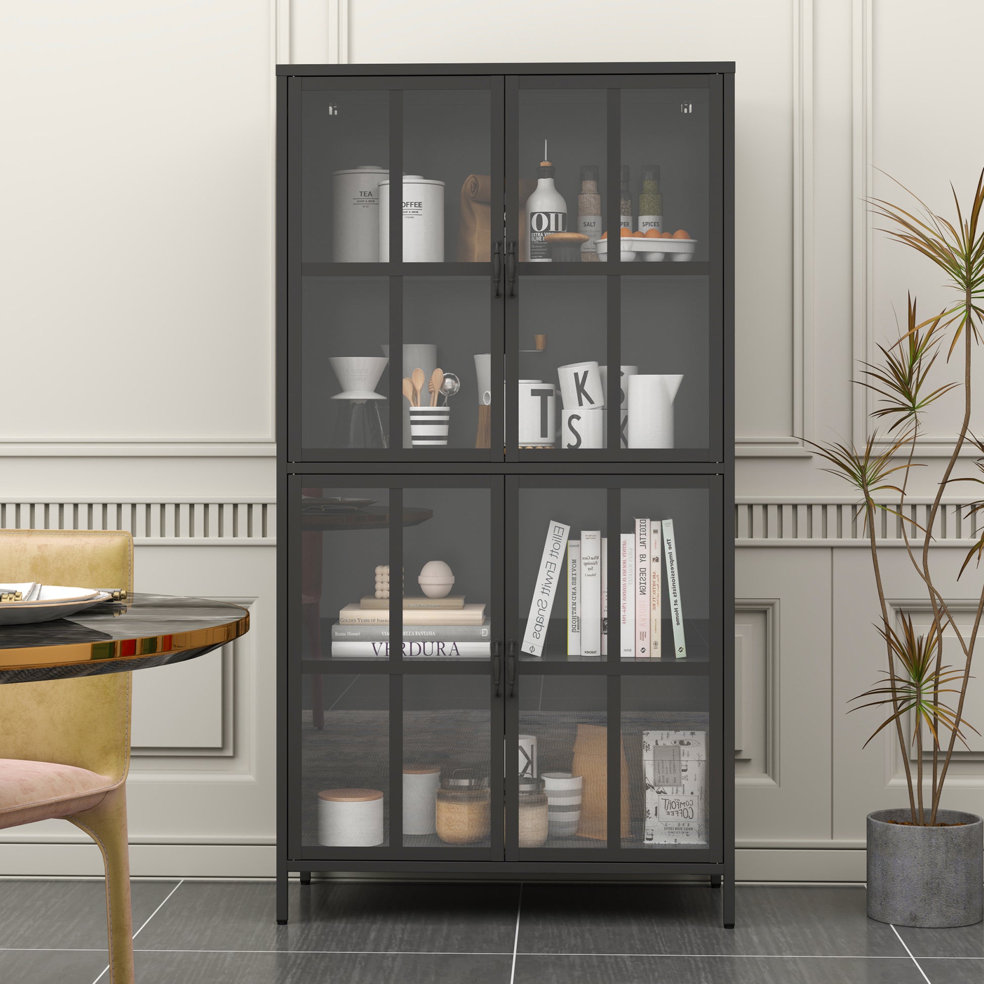 Premium Black Metal Storage Cabinet With Tempered Glass Doors, Adjustable Shelves, Anti Tipping Device, Magnetic Silent Closure, And Adjustable Feet For Home And Office Use Accent Chests 3 4 Spaces Antique Black Primary Living Space Glass Doors Modern