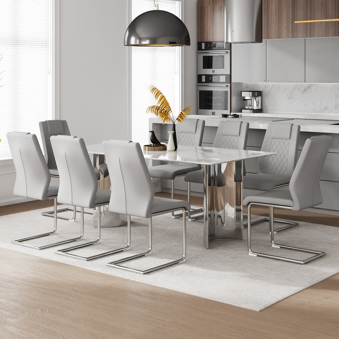 Table And Chair Set, Modern And Minimalist Dining Table. Imitation Marble Glass Sticker Desktop, Stainless Steel Legs, Stable And Beautiful. Comfortable Pu Seats. Dt 69 Silver Glass