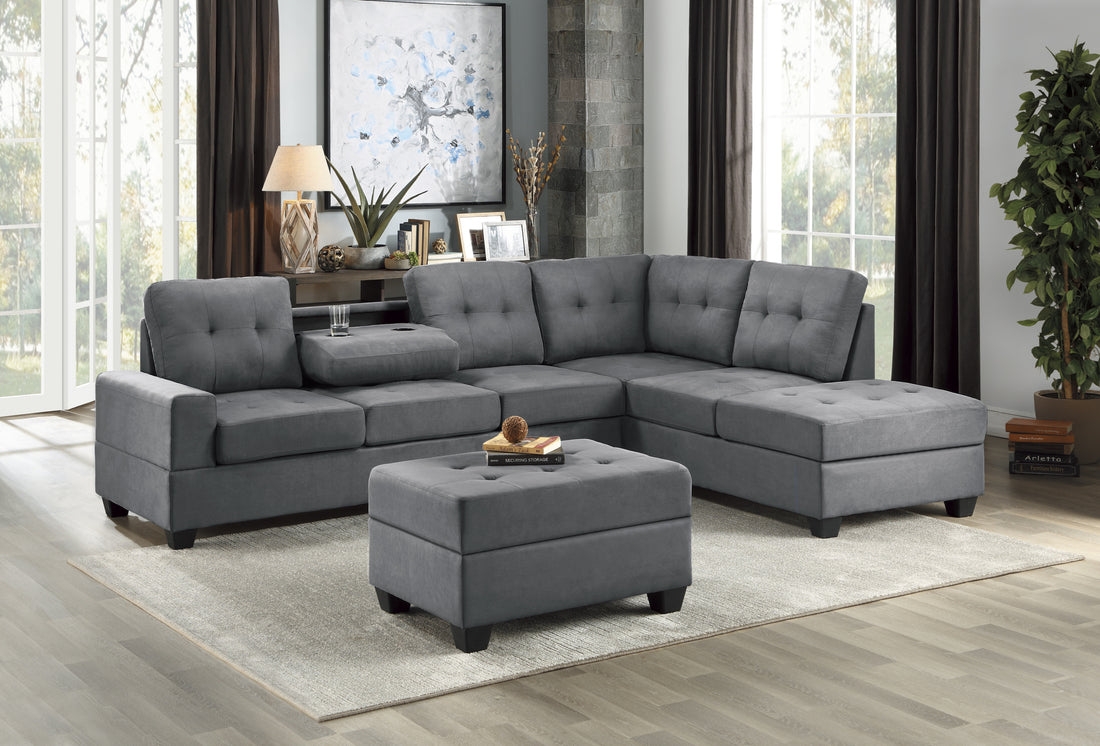 Modern Living Room 3 Piece Sectional Reversible Sofa Chaise Storage Ottoman Tufted Detail Dark Gray Microfiber Upholstered Drop Down Cup Holder Solid Wood Frame Furniture Dark Gray Microfiber Wood Primary Living Space Modern L Shaped Solid Wood 4 Seat