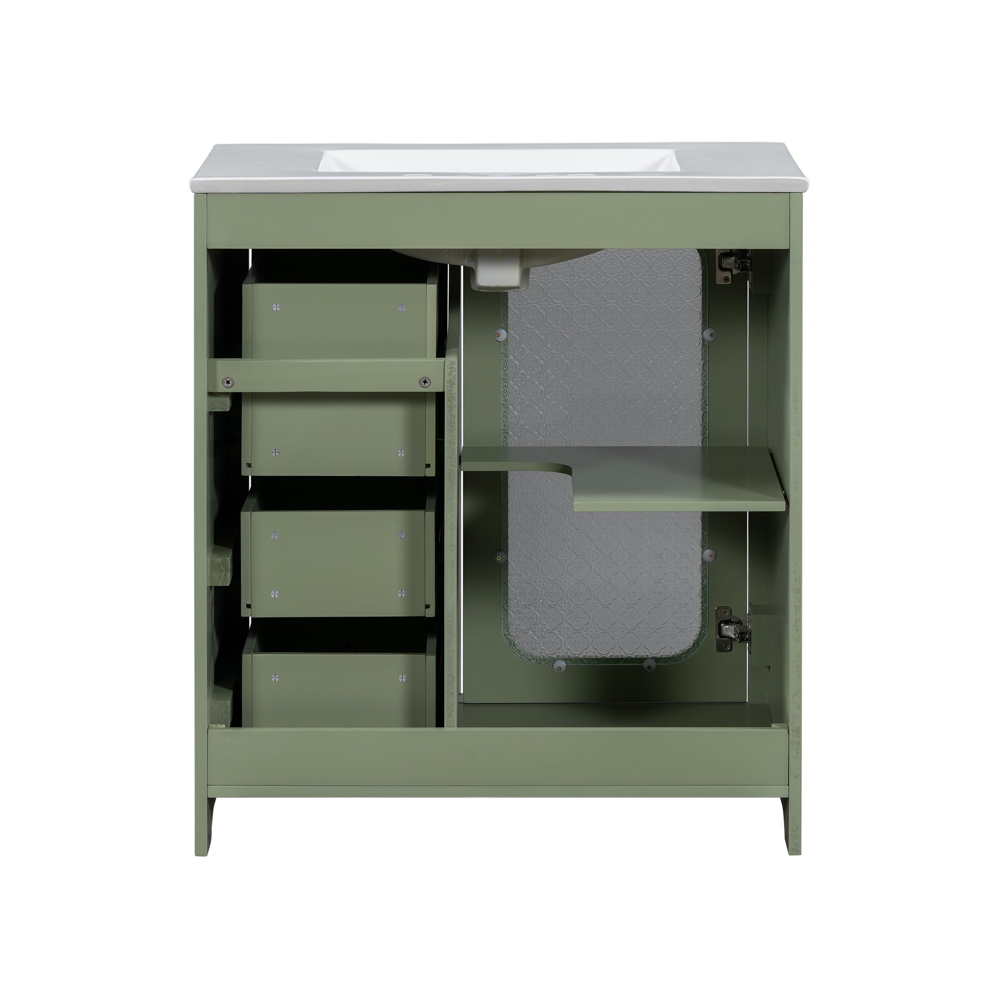 30 Inch Bathroom Vanity With A Soft Close Glass Door, Adjustable Shelves, And Three Drawers Green Bathroom Solid Wood Mdf Glass