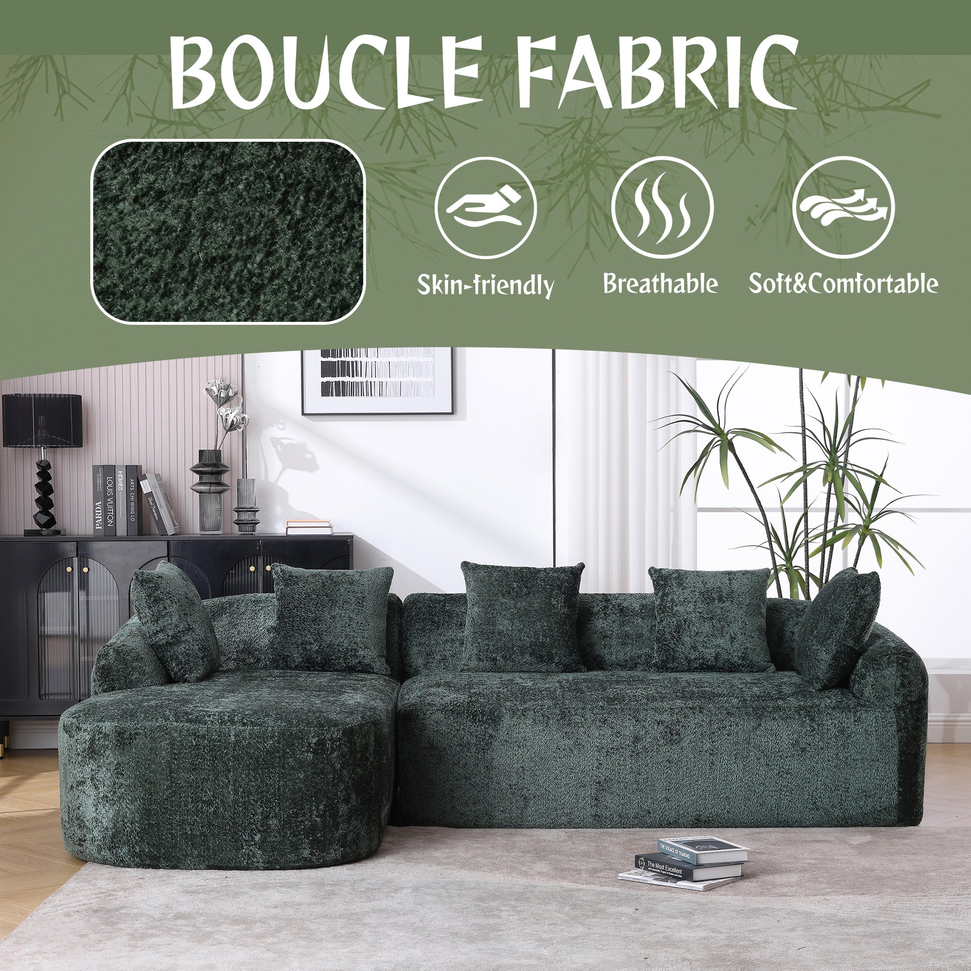Coolmore Boucle Sofa 3 Seater For Living Room Oversized Comfy Sofa L Shape Sofa Couch With Chaise Home Furniture Sleeper Sectional Sofa For Apartment, Office Left Hand Facing Green Green Primary Living Space Foam Boucle 3 Seat