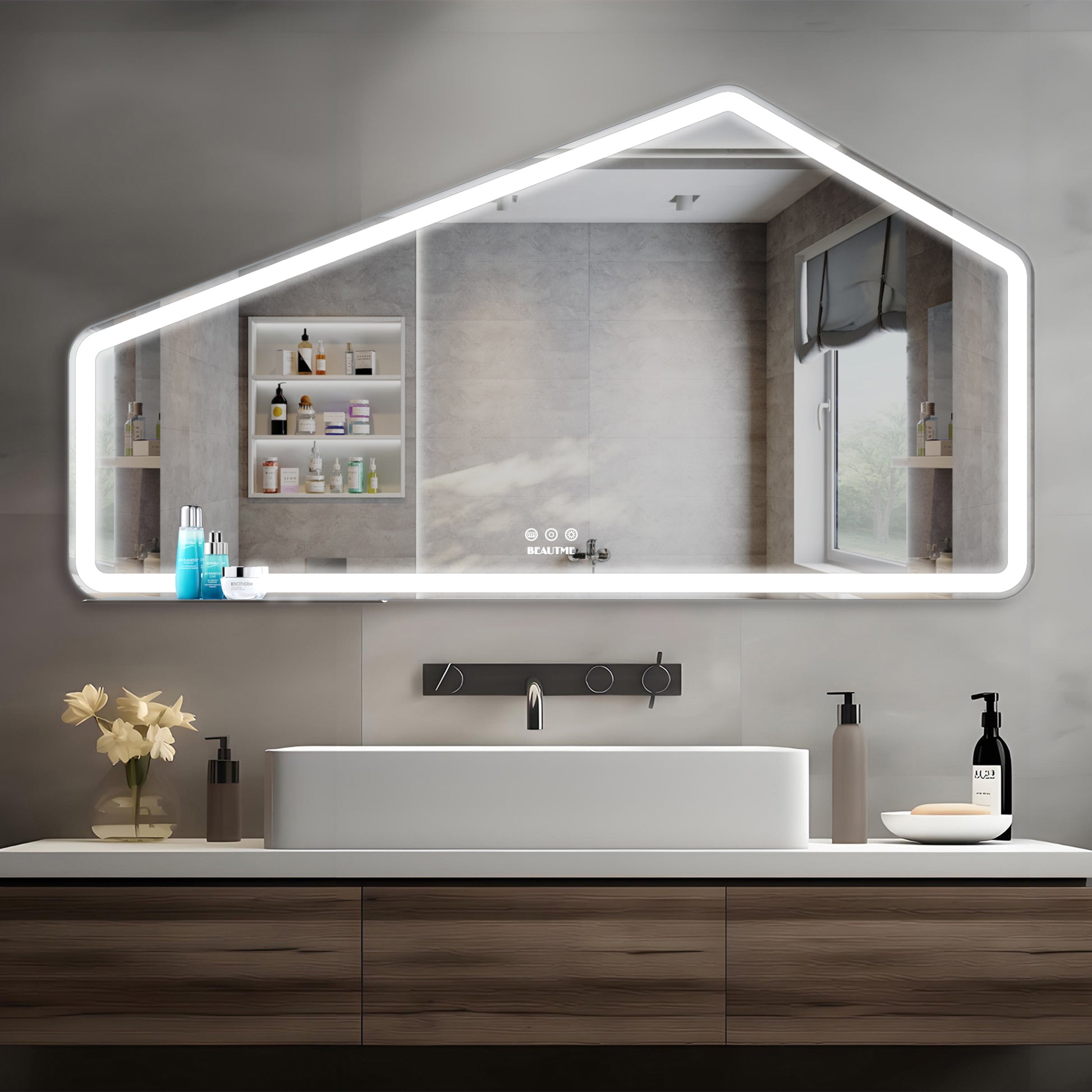 52*28 Inch Led Bathroom Vanity Mirror Wall Mounted Adjustable White Warm Natural Lights Anti Fog Touch Switch With Memory Modern Smart Large Bathroom Mirrors Silver Aluminium