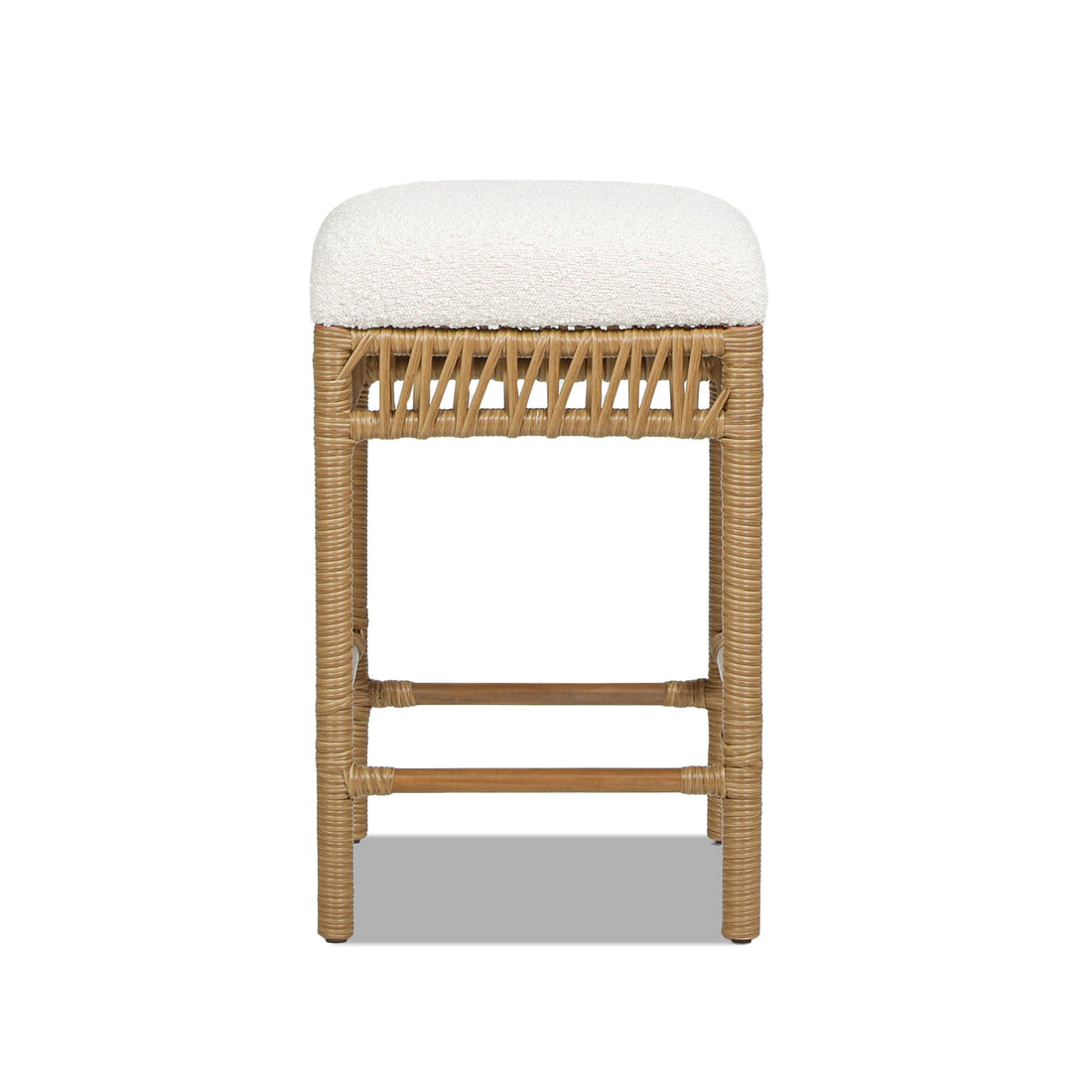 Lucia 25.5" Backless Upholstered Counter Stool With Resin Rattan Frame, Ivory White Boucle White Foam Wood Fabric Rattan