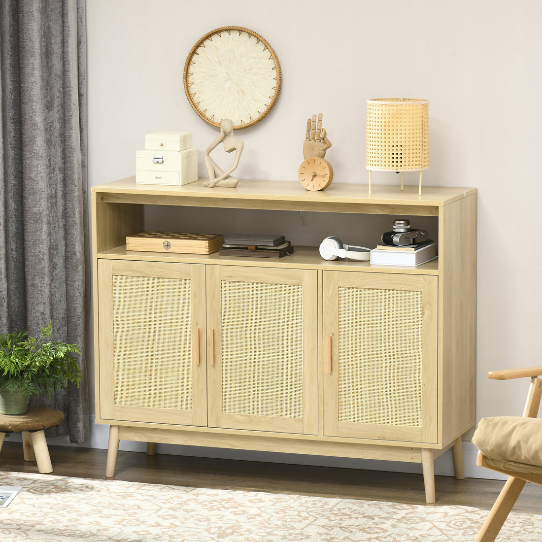 Homcom Boho Sideboard Buffet Cabinet With Rattan Doors, Natural Natural Wood Particle Board