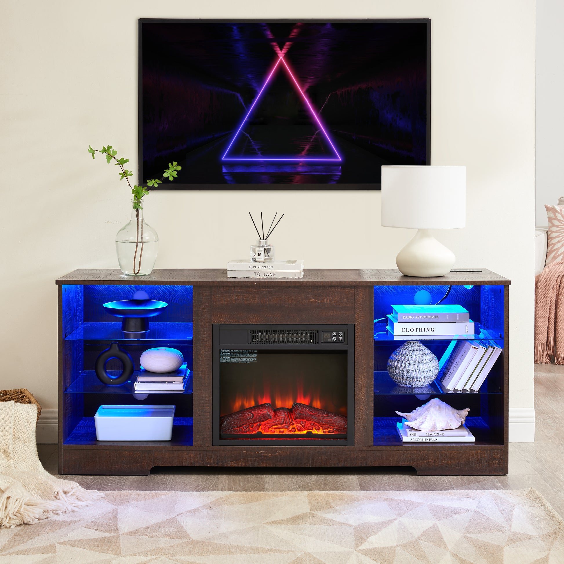 Tv Stand Electric Fireplace Glass Shelves, 3D Fireplace Tv Stand With Led Lights Wood With Usb Charging Outlet Modern Television Table Center For Tv Up To 62" Esp, 58''W*15.5''D*24.4 Espresso 60 69