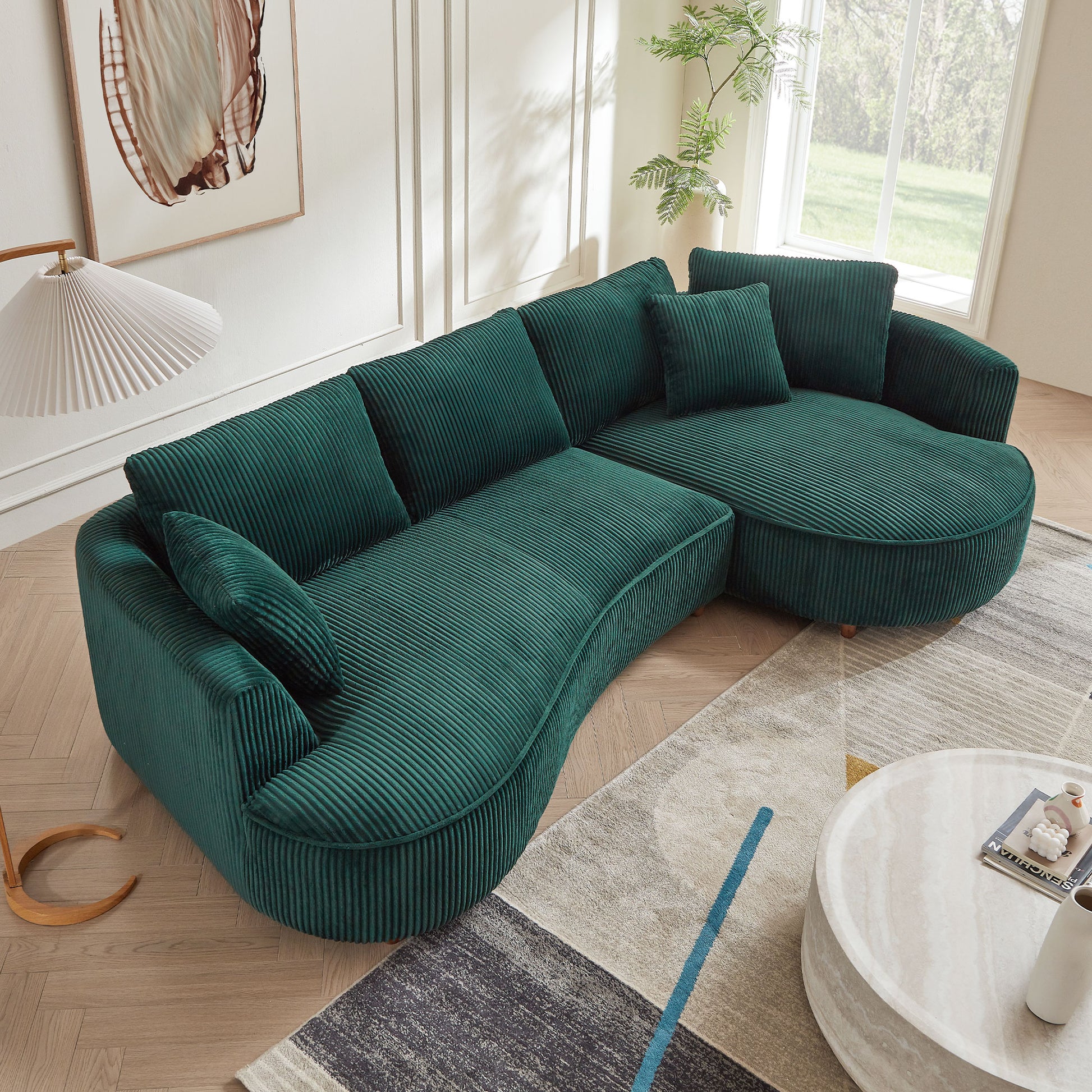 122.04 Inch Corduroy Upholstered Sectional Sofa With Right Facing Chaise For Living Room Office Corner Corduroy Modern Sofa Green Green Corduroy 3 Seat