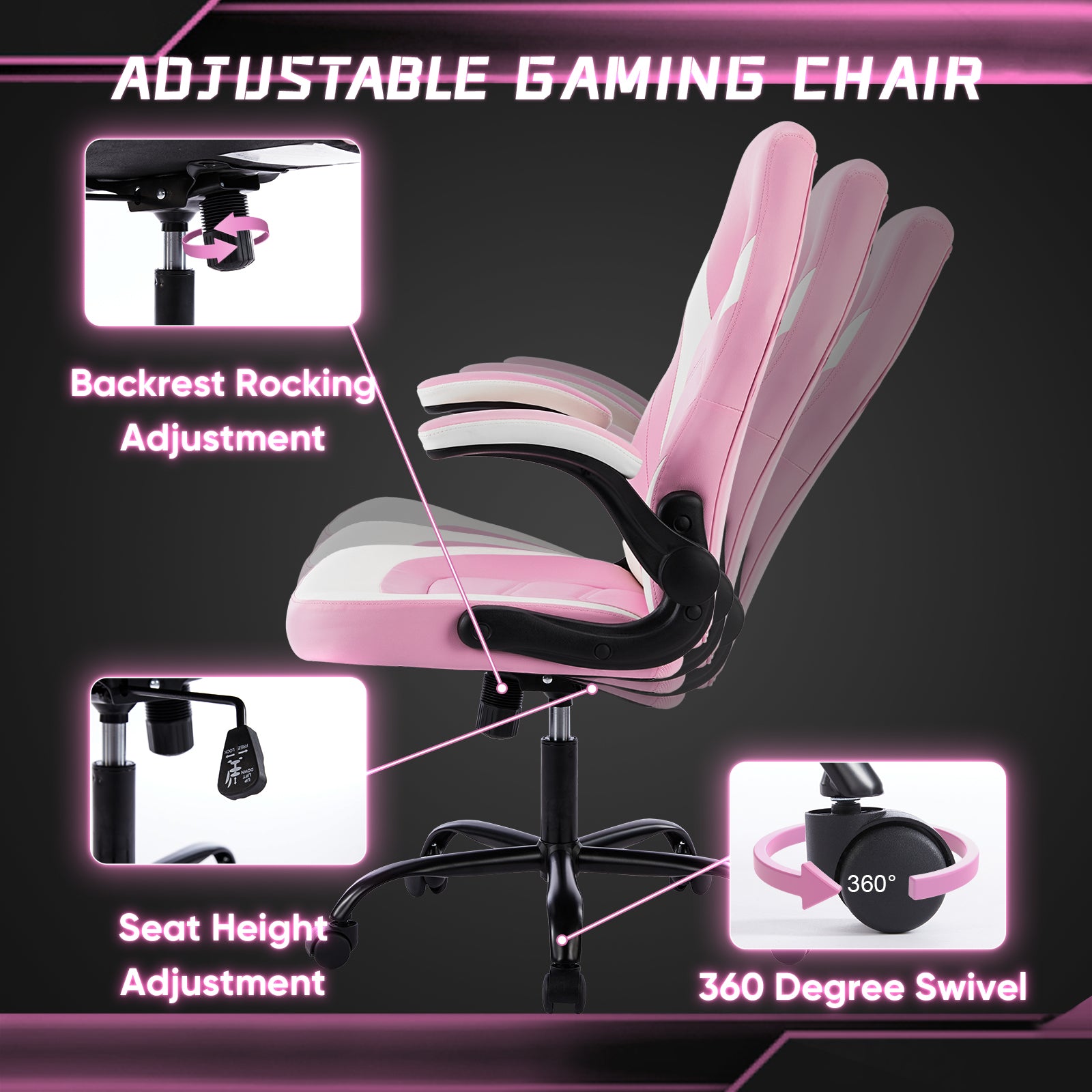 Sweetcrispy Gaming Chair Pu Leather Computer Chair Ergonomic Office Chair With Lumbar Support, Height Adjustable Rolling Desk Chairs With Flip Up Armrests Alloy Steel Pink White Bedroom Memory Foam Wipe Clean Handle Club Chair Solid Back Ergonomic Pu