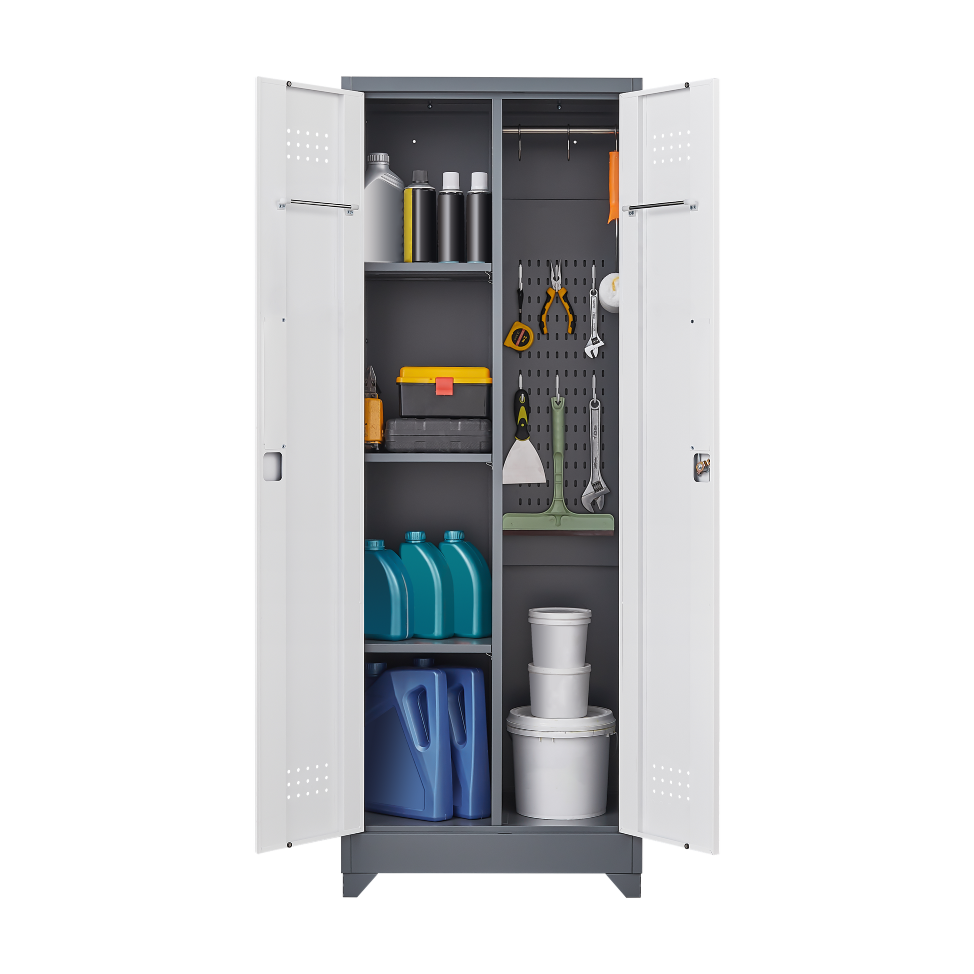 Metal Storage Cabinets, Cleaning Tool Cabinet With Locking Door, Tall Broom Tool Organizer And Storage, Large Storage Cabinet For Kitchen, Pantry, Office, Shop 3 4 Shelves Grey White Door Locks Modern Metal