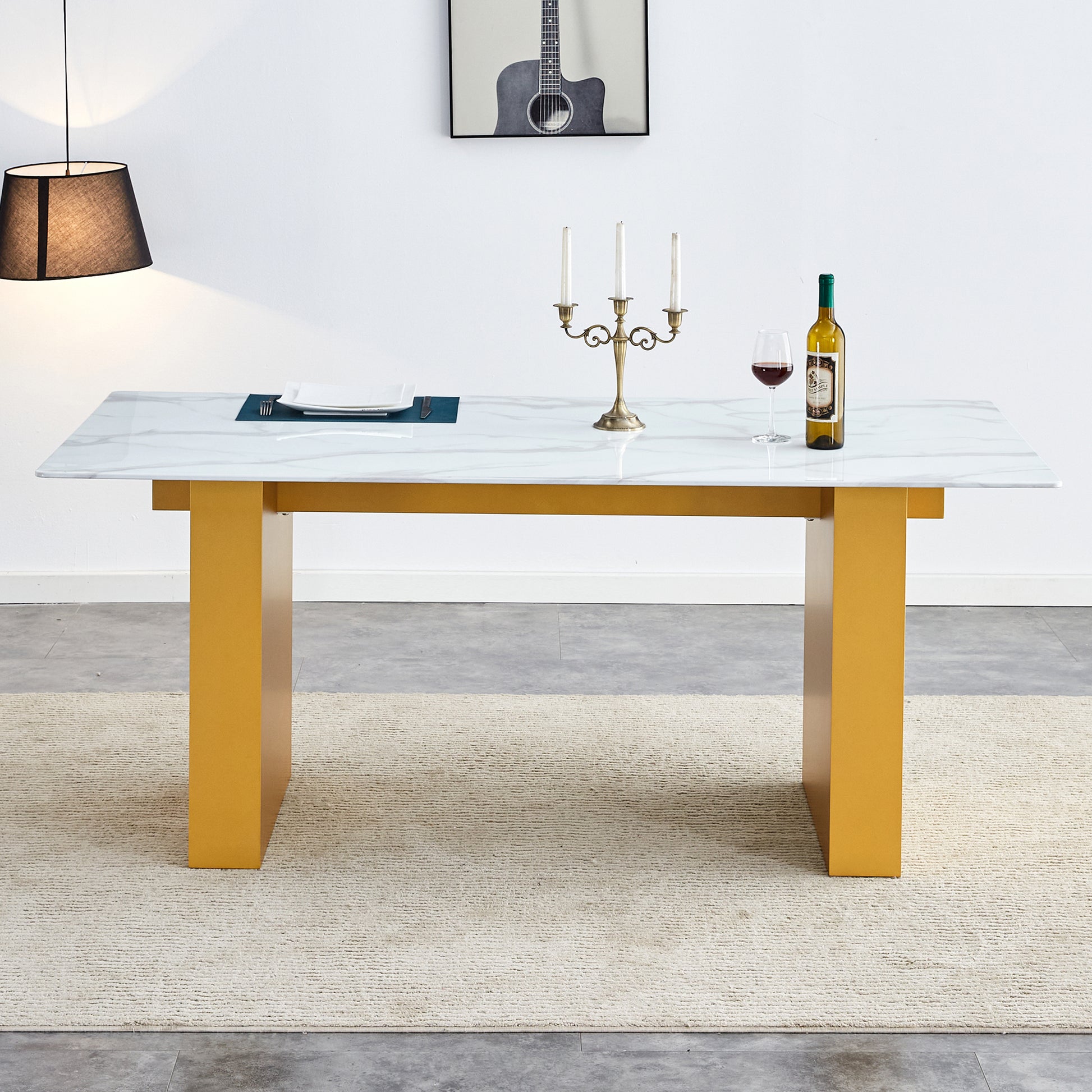 Large Modern Rectangular Table With 0.4 Inch Patterned Tabletop And Large Mdf Table Legs, Suitable For Kitchen, Dining Room, And Living Room 71 "* 35.4" * 30 " 1546 Gold Mdf Glass