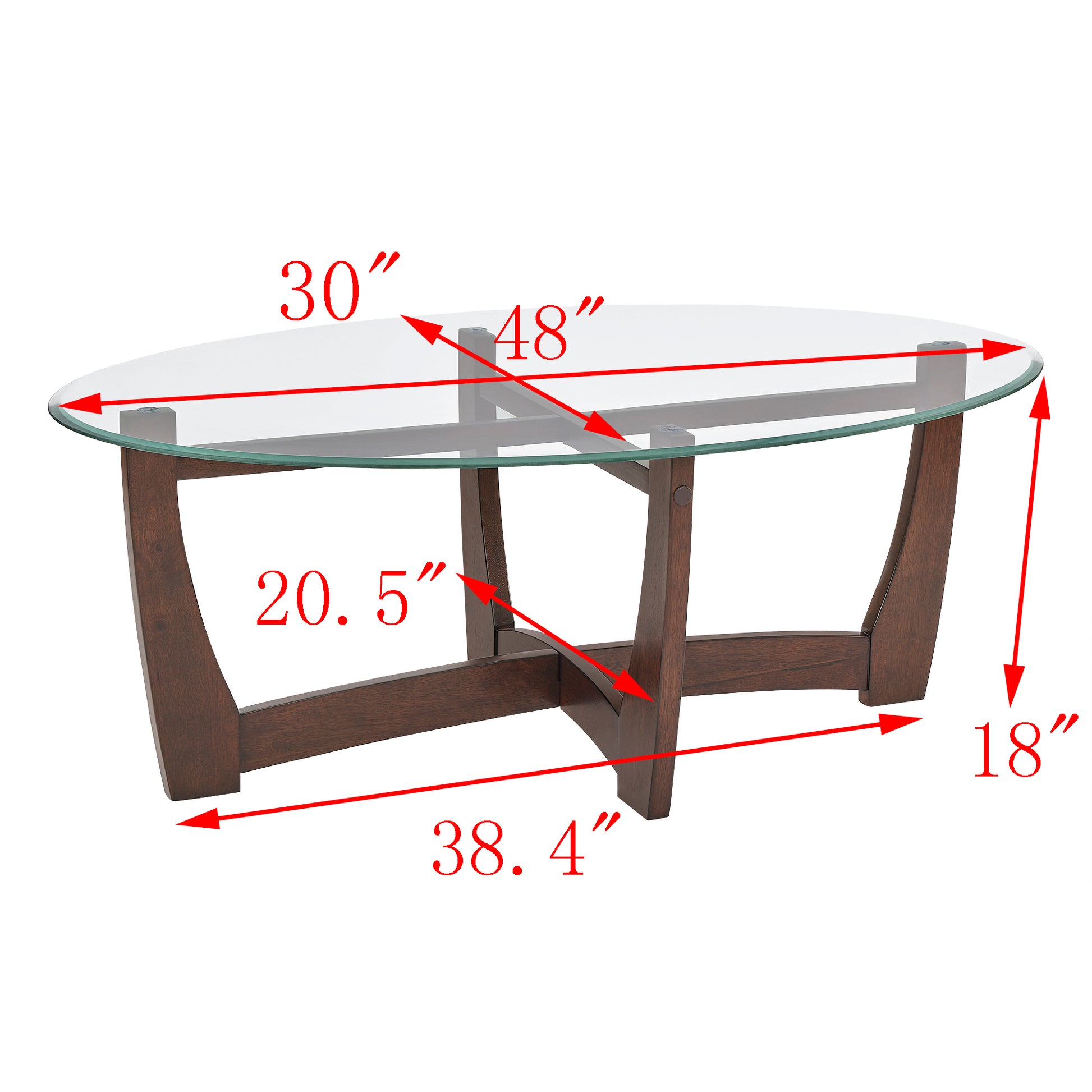 48 Inch Oval Glass Coffee Table, Cherry Round Coffee Table Center Table With Glass Top, Small Coffee Table For Living Room, Office And Apartment Cherry Solid Wood Mdf