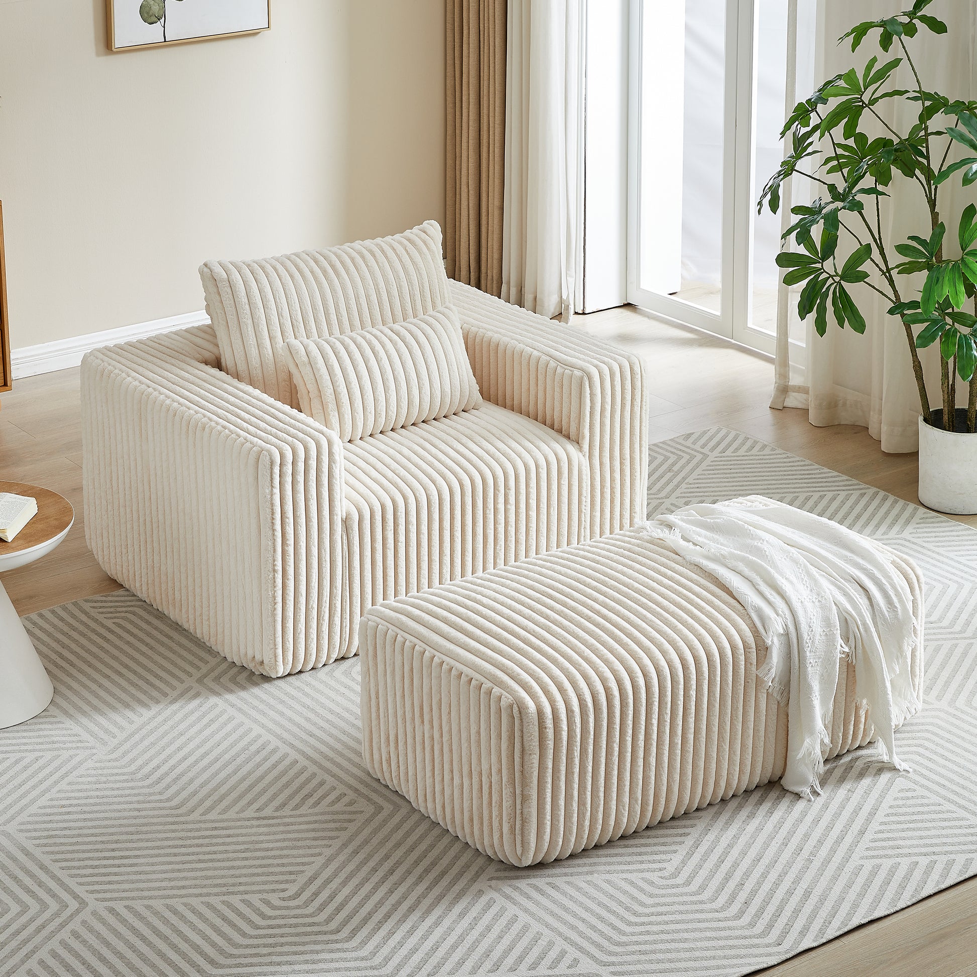 62.5 Inch Corduroy Sponge Sofa Lounge Chair With Removable Footrest,No Assembly Required,Fluffy Modern Sleeper Chair For Indoor Living Room Bedroom Beige Foam Corduroy 1 Seat