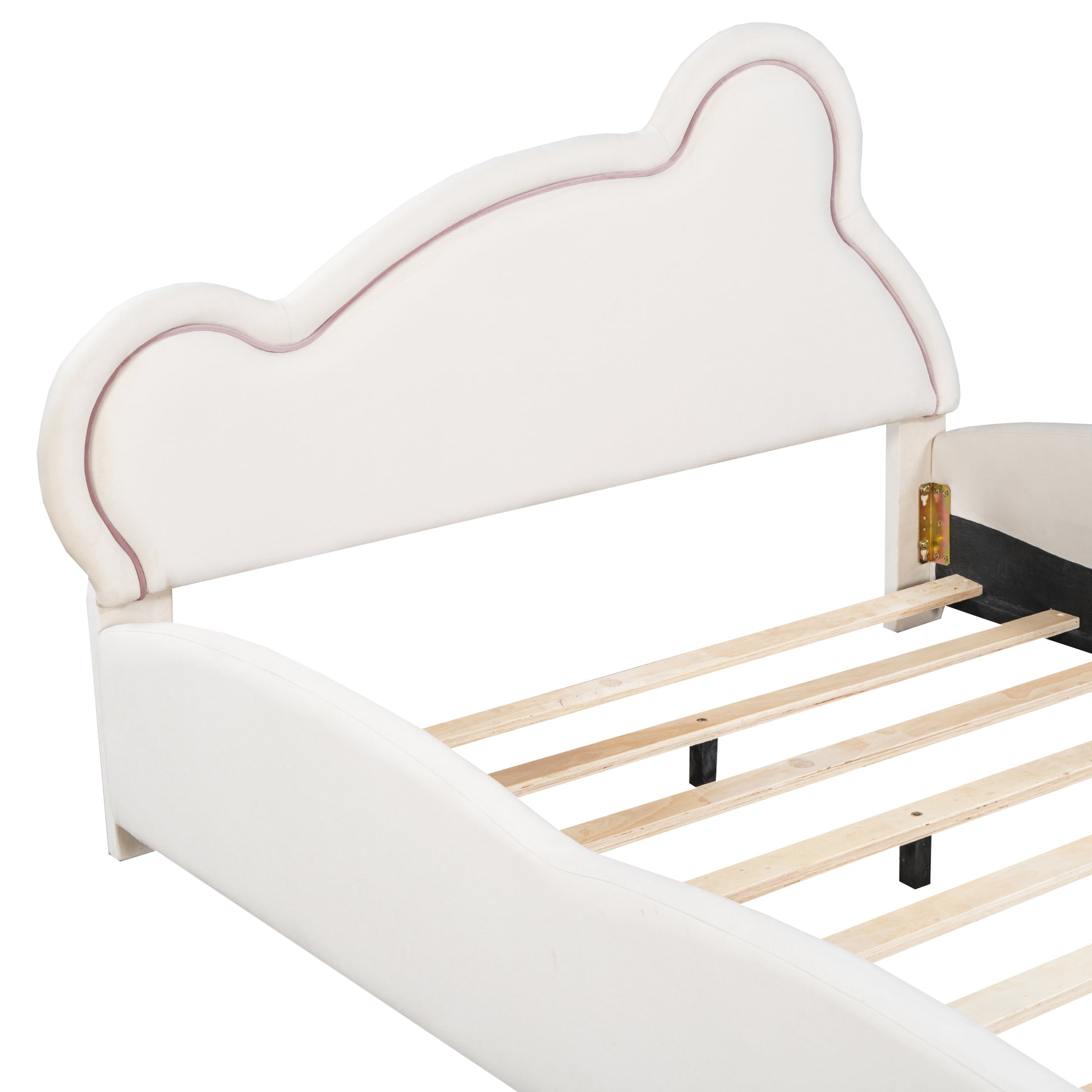 Full Size Velvet Platform Bed With Bear Shaped Headboard, With Bed End Storage Pocket, Beige Full Beige Plywood
