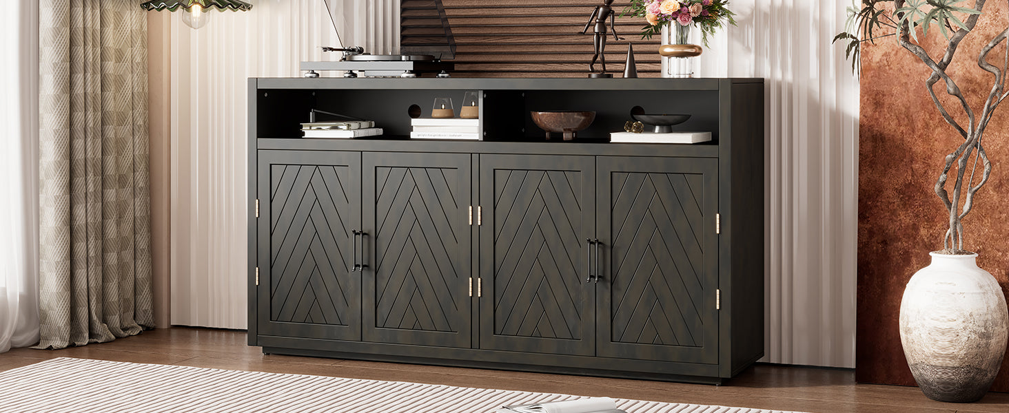 4 Door Classic Sideboard With Open Storage And Adjustable Shelves Perfect For Kitchens, Living Rooms Grey Brown Grey Brown Mdf