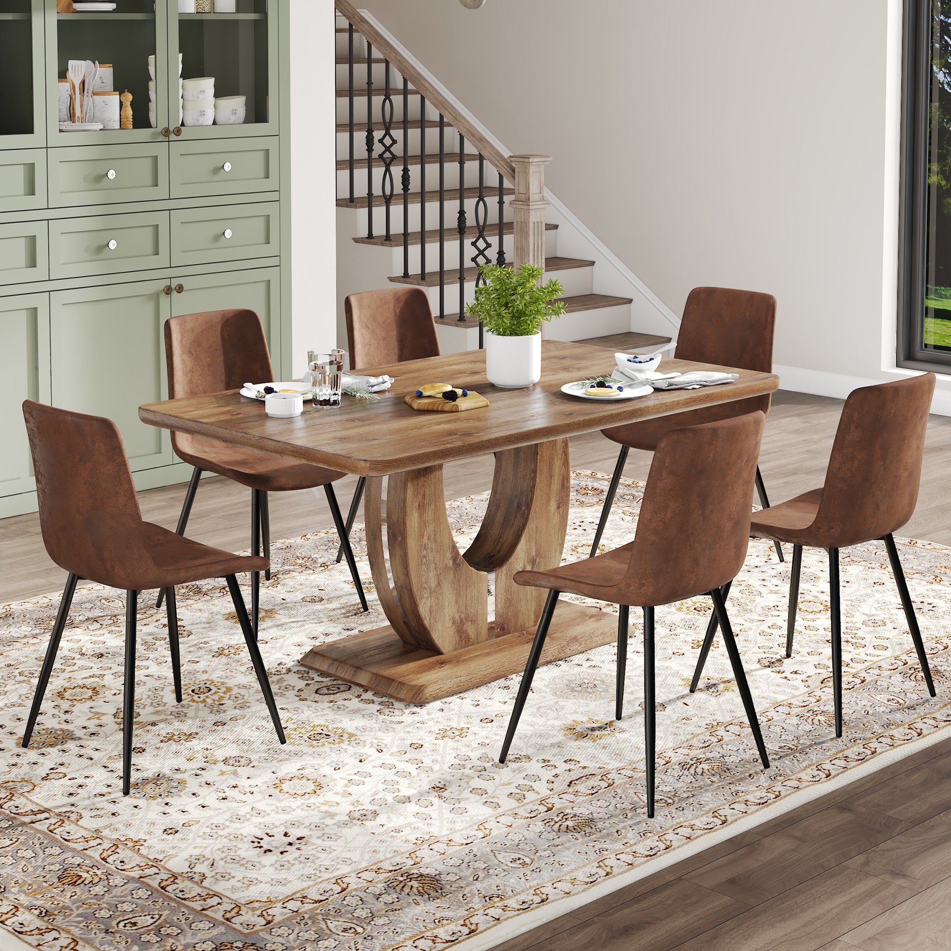 Table And Chair Set.Mdf Rectangular Dining Table, 6 Modern Medieval Style Restaurant Brown Cushioned Chairs With Suede Backrests And Black Metal Legs.Suitable For Restaurants, Living Rooms, Kitchen. Brown Seats 6 Mdf Metal