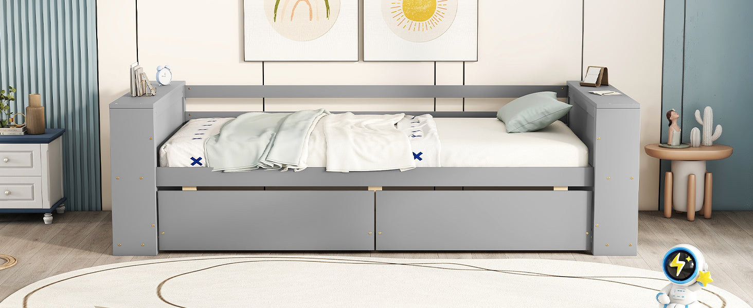 Twin Size Daybed With Shelves And Drawers, Gray Twin Gray Pine