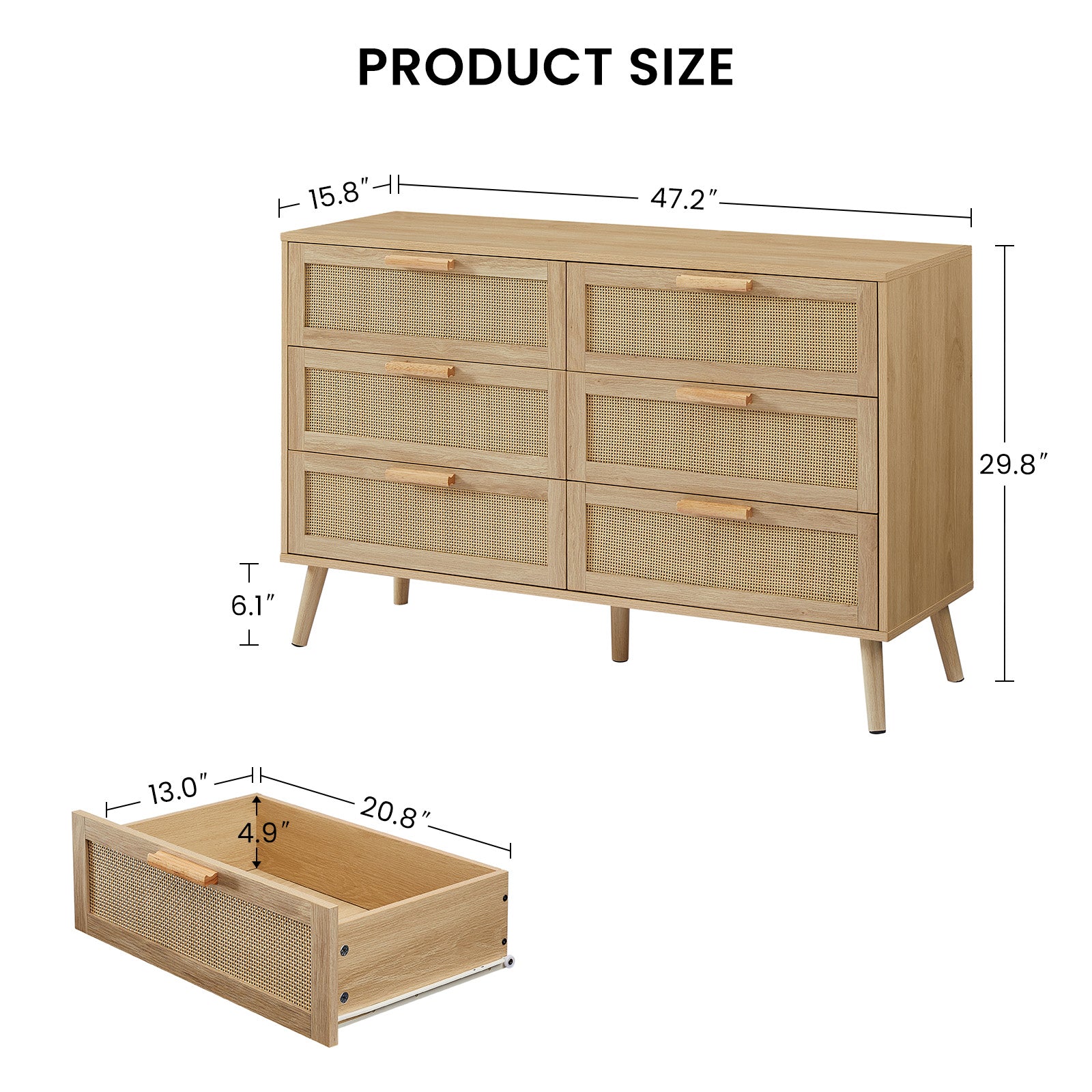 Bedroom Dresser, 6 Double Dresser With Rattan Drawers, Wood Chest Of Drawers For Kids Room, Living Room, Entry And Hallway, Natural, 47.2'' W X 15.8'' D X 30'' H. Natural Particle Board